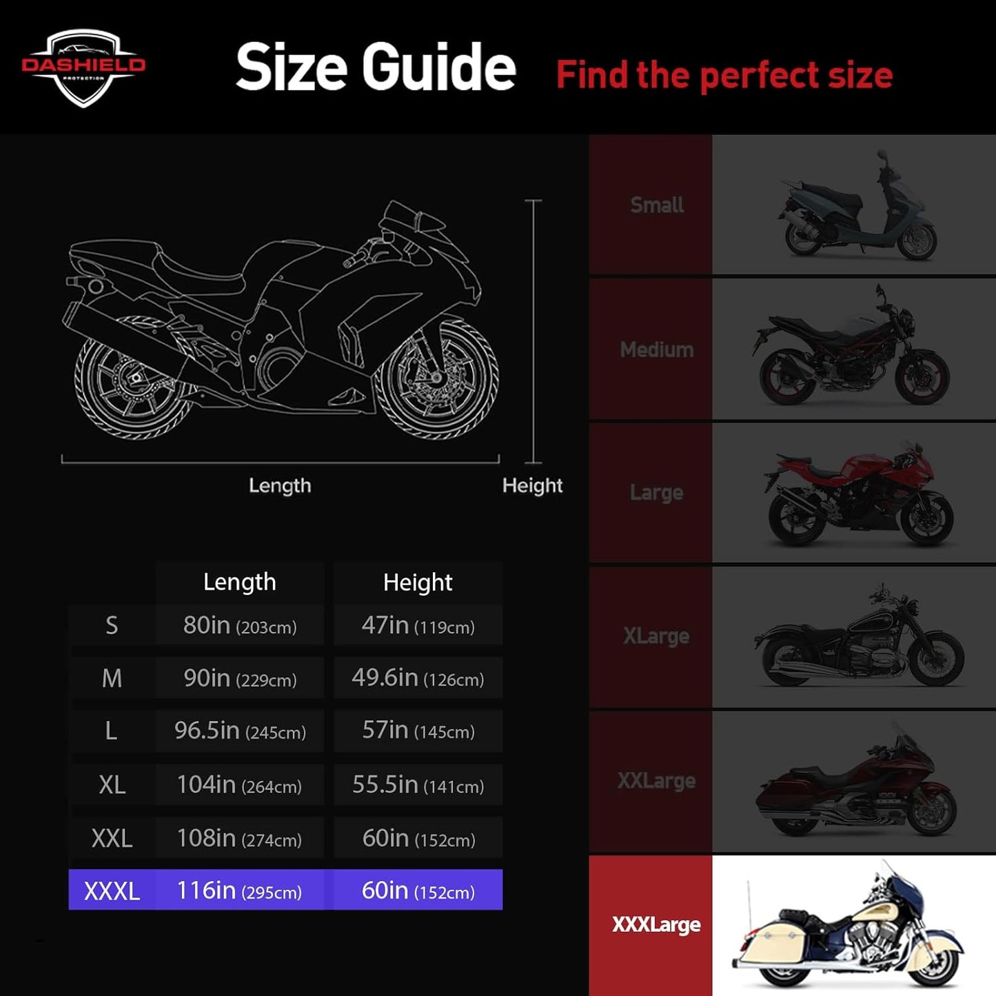 Ultimum Series Motorcycle Cover Waterproof All Weather Protection Universal Heavy Duty Night Reflector with Lock-Holes Compatible with Suzuki Harley Davidson Kawasaki Yamaha Honda Blue XXXL