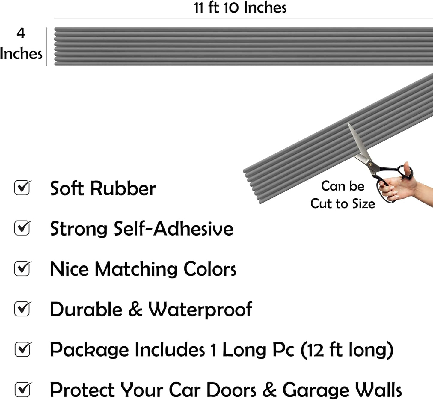 Rubber Bond Garage Wall Protectors - 4in x 12ft Strong Self-Adhesive Rubber Bumper Protectors for Garage Walls - Waterproof and Anti-Scratch Garage Wall Protector for Car Doors (Grey)