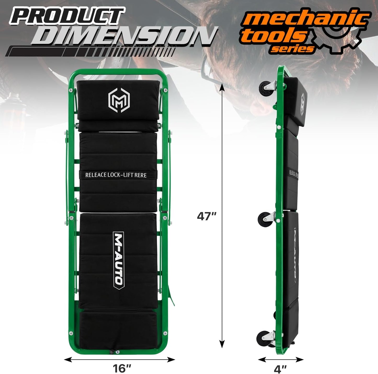 M-AUTO Heavy-Duty Convertible Mechanic Creeper, Z-Creeper 2-in-1 Creeper and Seat 48" Padded Adjustable Headrest Roller Garage Chair with 7 Swivel Casters for Washing, Detailing, Maintenance, Green