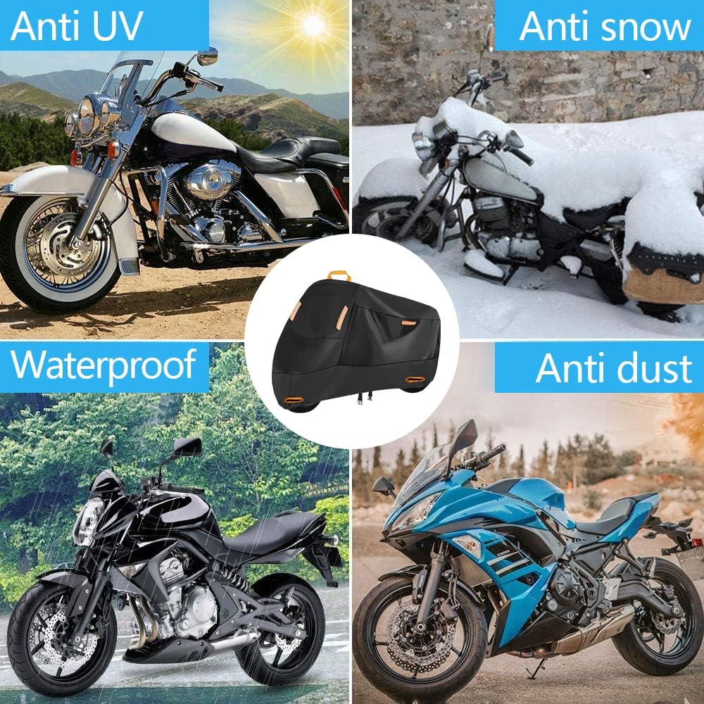 Seceles 300D Motorcycle Cover Waterproof Outdoor, All Season Protection Motorcycle Tarp Fit for Honda VTX 1300 C Fat Bob Kawasaki Vulcan 900 Kawasaki KLR 650 (3XL: 96" x 37" x 50")