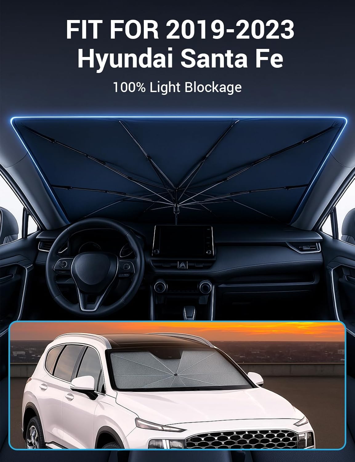 Proadsy Windshield Sun Shade Umbrella for Hyundai Santa Fe 2019-2023 Foldable Car Umbrella Sunshade with Soft TPU Handle Spring Structure Crystal Cooling Material Protect Car from Rays & Heat