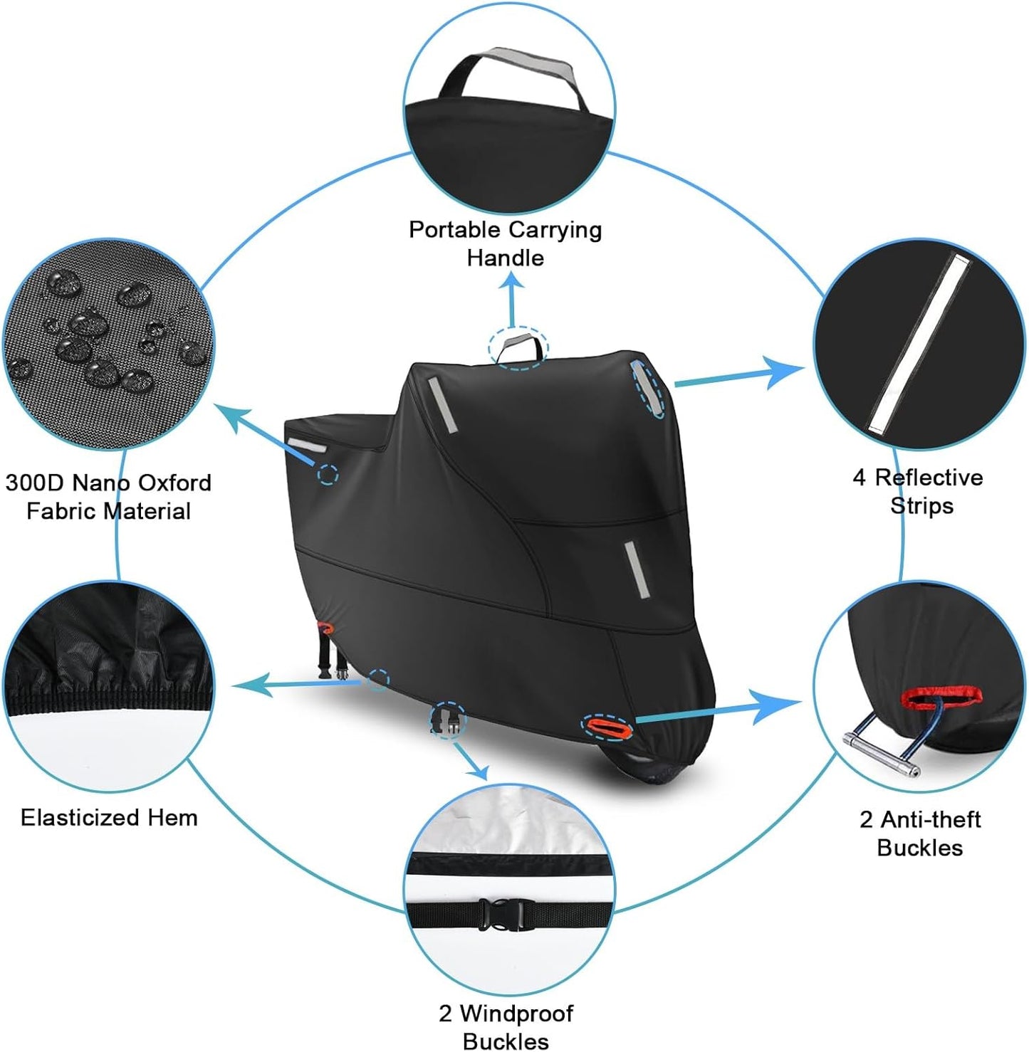 Waterproof Motorcycle Cover Outdoor, Motorbike Scooter Moped Rain Dust Cover with 5 Reflective Strips and 2 Windproof Buckles, 2 Lock-Holes for Cruisers Sportbikes (4XL: 116 x 37 x 55 inch)