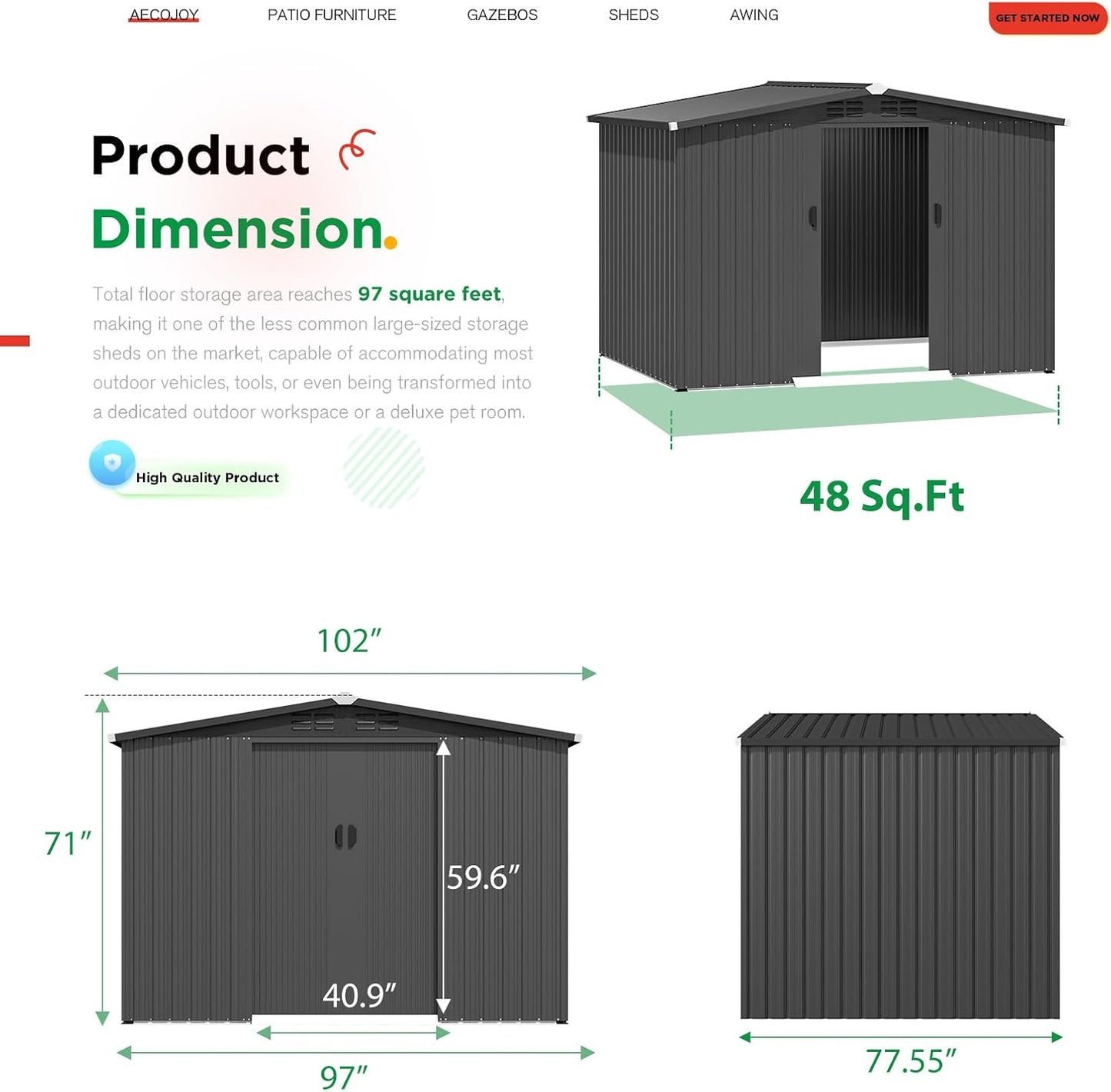 AECOJOY Shed 6' x 8' Outdoor Storage Shed with Sliding Door, Outdoor Storage Tool Shed Storage Cabinet, Metal Garden Shed for Yard, Outdoor Storage Clearance in Dark Grey