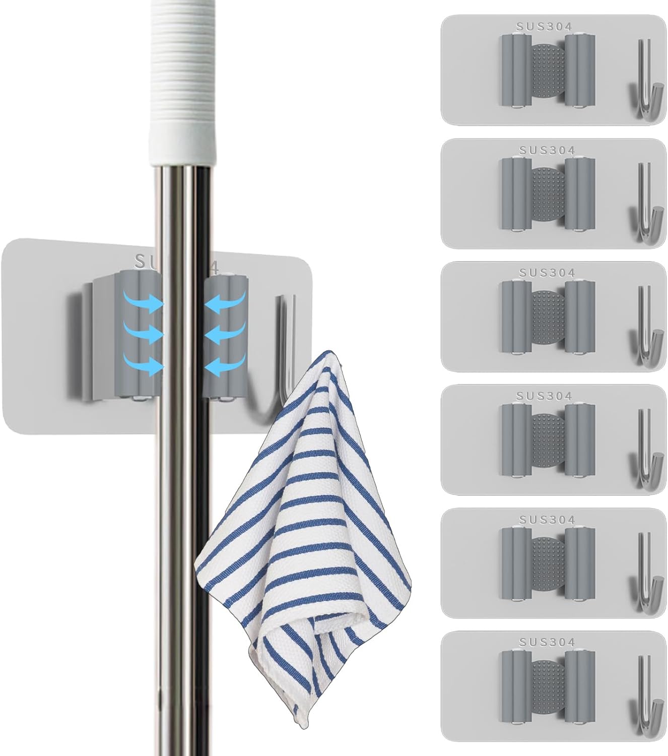 6 Pack Stainless Steel Mop and Broom Holders – Wall Mounted Grippers with Adhesive or Nail-Free Glue, No-Drill Installation for Kitchen, Bathroom, Garage