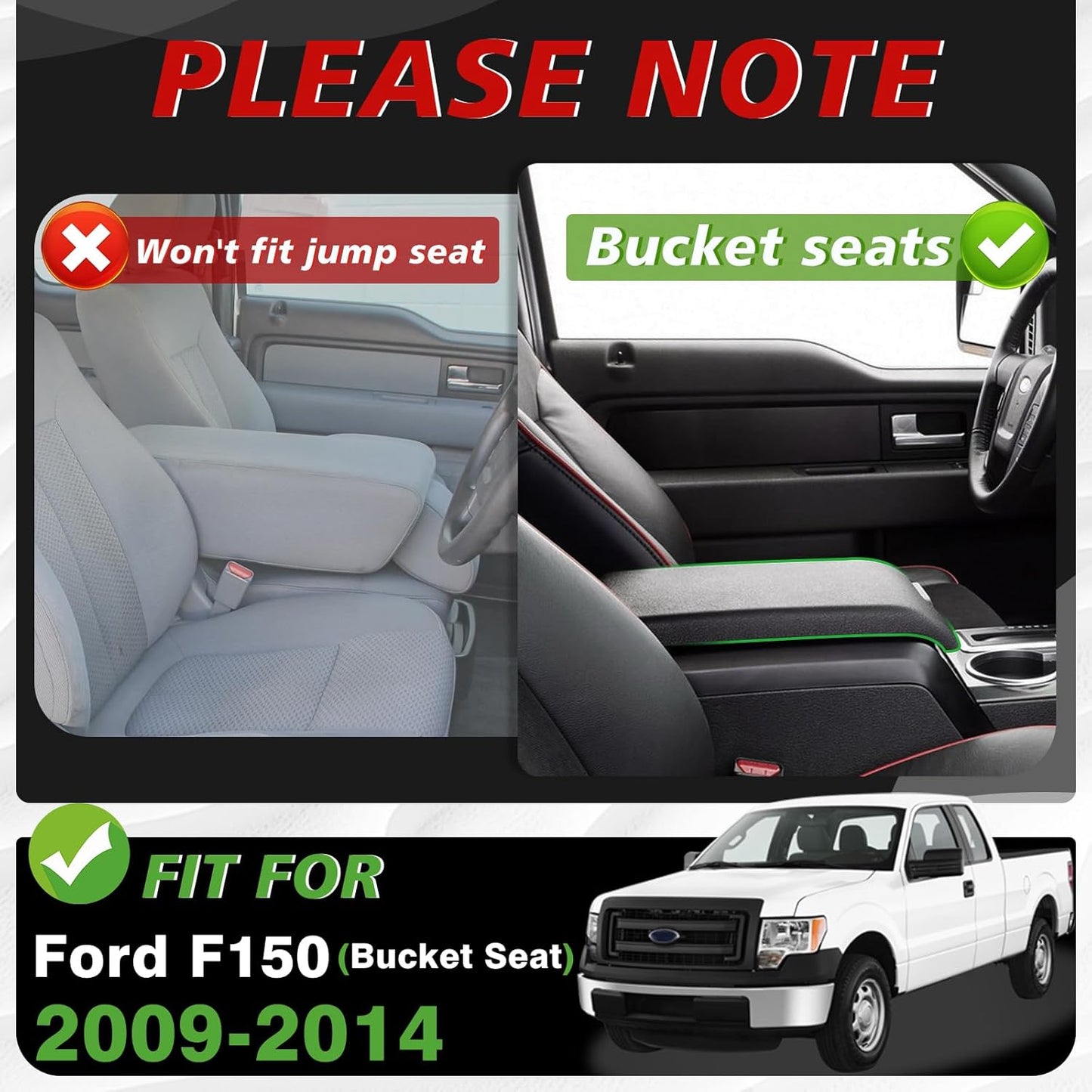 Muslogy Center Console Armrest Cover Compatible with Ford F-150 F150 2009-2014 Comfort Armrest Pad Arm Rest Cushion Vegan Leather Protector Regular Thick(Bucket Seat ONLY)