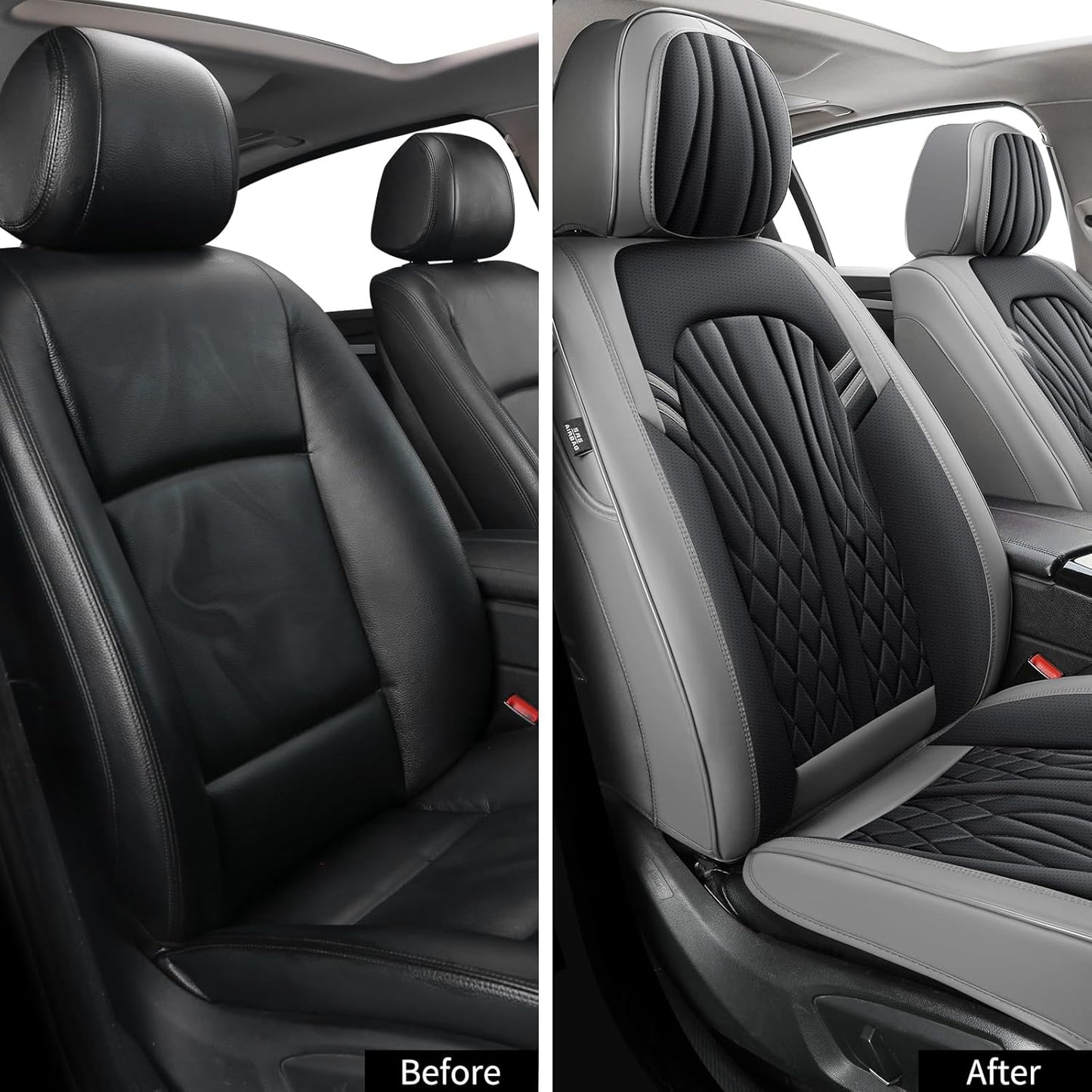 Leather Car Seat Covers,Breathable and Waterproof Faux Leather Automotive Seat Covers for Cars SUV Truck Sedan,Universal Driver Seat Cover Grey&Black