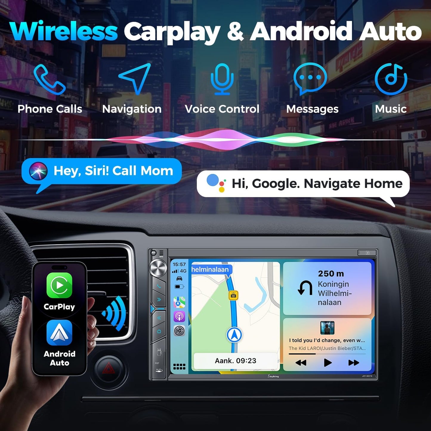 SJoyBring Upgrade Wireless Double Din Car Stereo with Apple Carplay, Android Auto, Dash Cam, Bluetooth, 4-Channel RCA, 2 Subwoofer Ports, 7" HD Capacitive Touchscreen Car Radio, 60W*4, Backup Camera