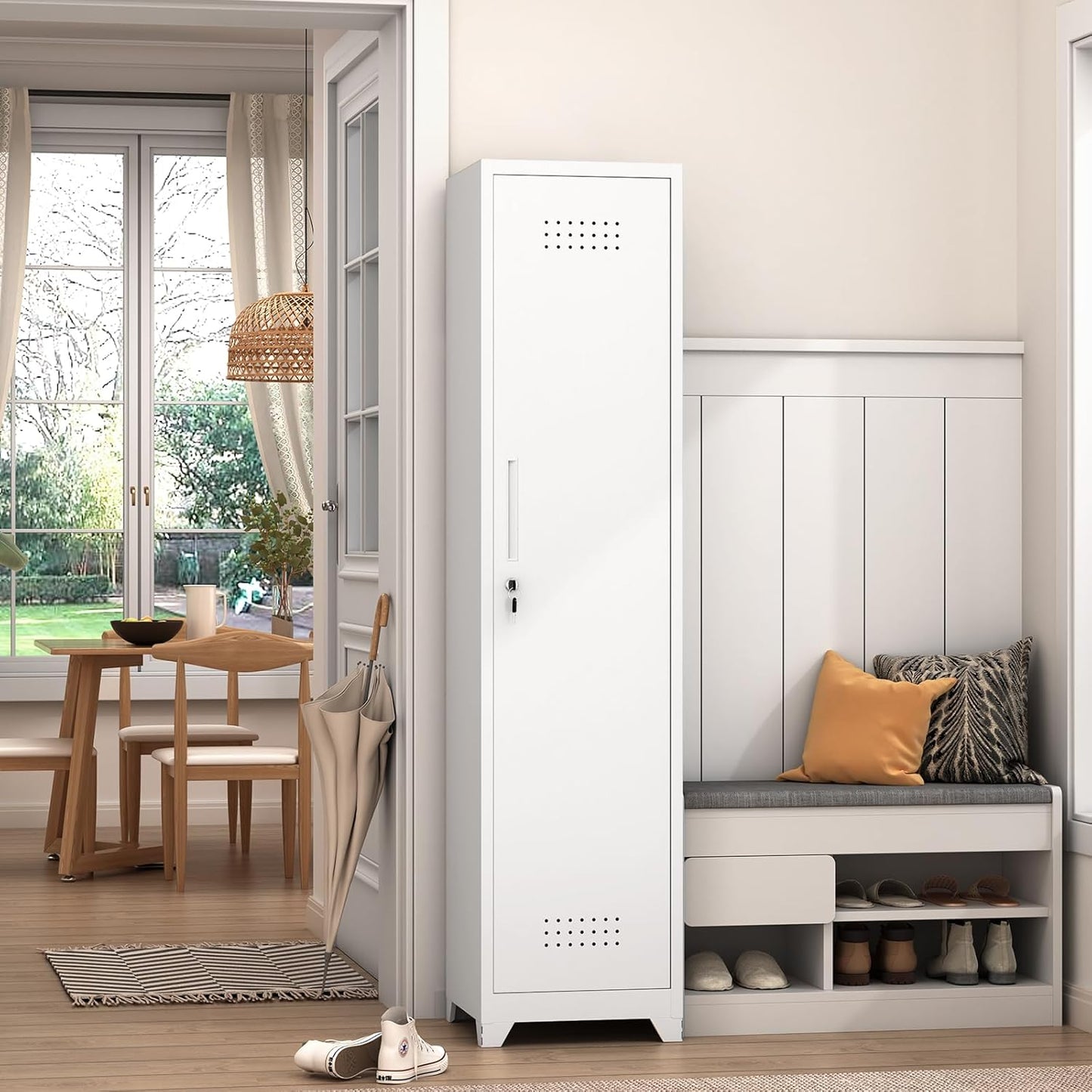 GREATMEET Slim Broom Closet Storage Cabinet, Narrow Utility Closet, 65" Metal Cleaning Supply Storage with Lock and Door,Utility Cabinets for Brooms and Mops for Laundry Room, White