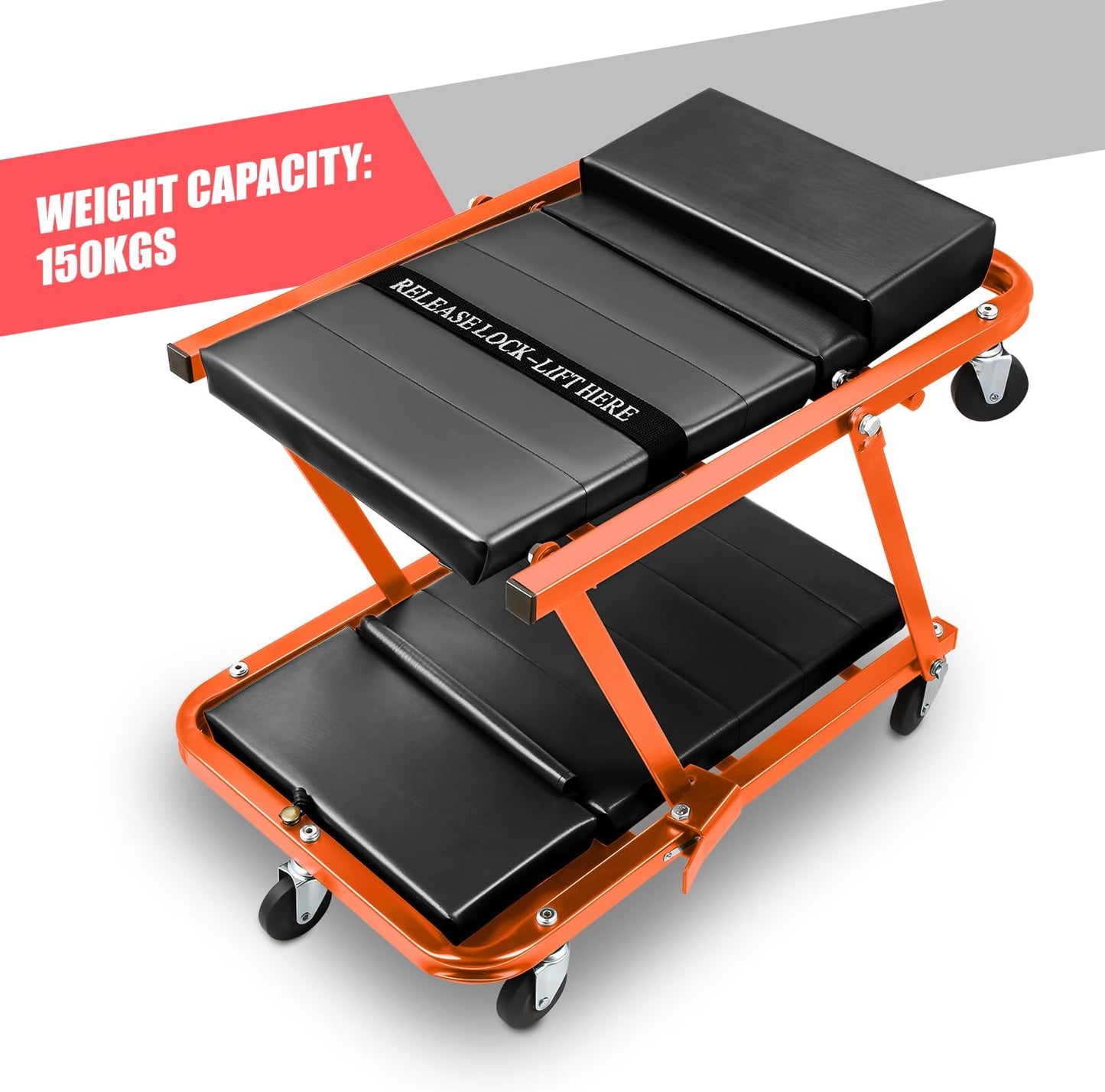 DNA MOTORING 48" 2 IN 1 Folding Rolling Garage Shop Creeper Roller Seat, 7 Pcs 2" Casters, 350 Lbs Weight Capacity, Orange, TOOLS-00193-OG