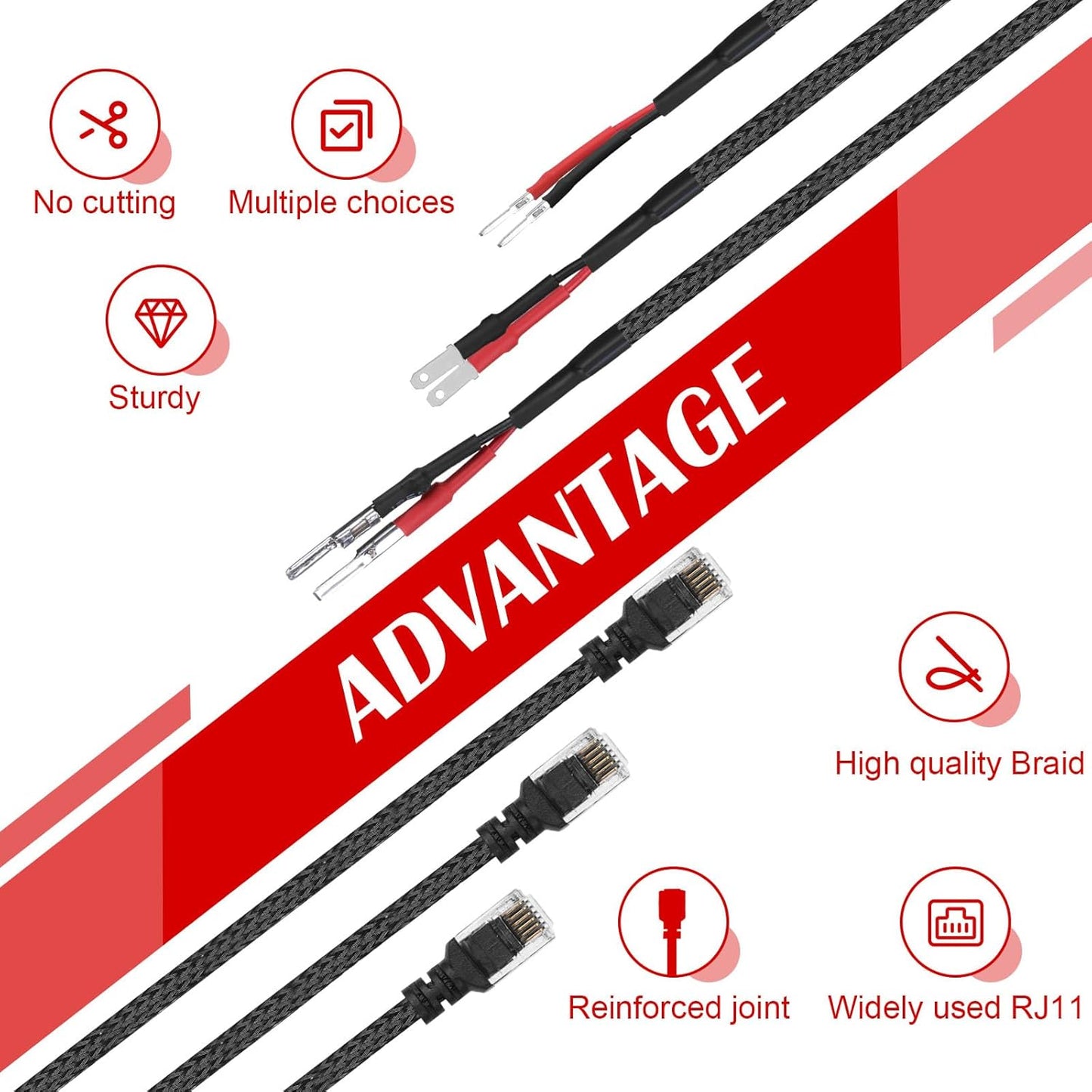 14" Upgraded Mirror Plug Wire Tap Radar Detector Hardwire Power Cord Kit for Escort Valentine One Uniden Beltronics, Mount RJ11 with Braided Set of 3