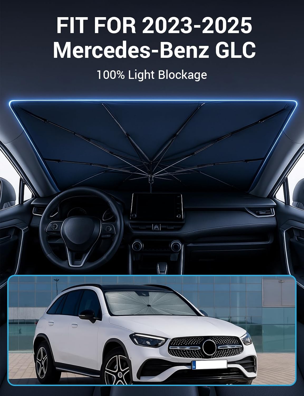 Proadsy Windshield Sun Shade Umbrella for Mercedes-Benz GLC 2023-2025 Foldable Car Umbrella Sunshade with Soft TPU Handle Spring Structure Crystal Cooling Material Protect Car from Rays & Heat