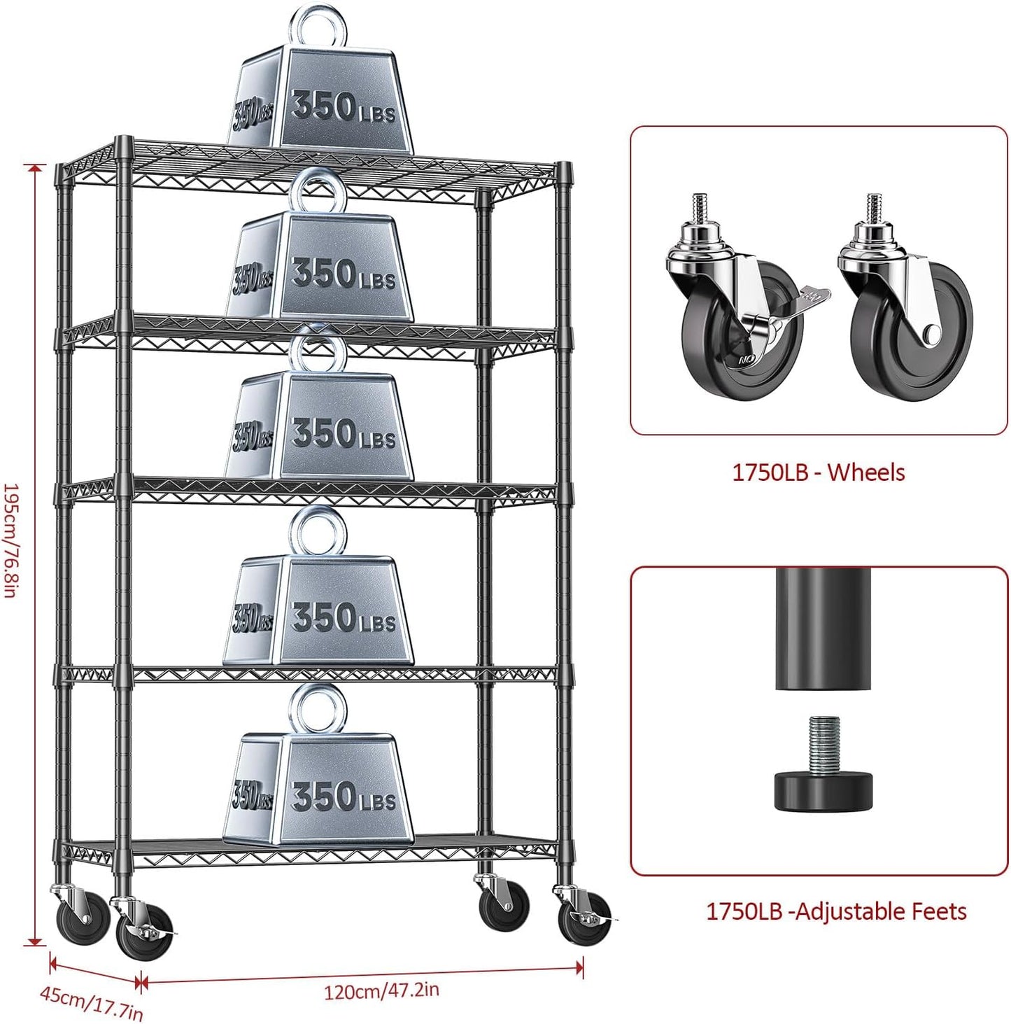 IZEUK 5-Tier Storage Shelving Unit with Wheels, Adjustable Heavy Duty Steel Wire Rack Organizer (Black, 17.7" D x 47.2" W x 76.7" H, 1750 lbs Capacity) for Garage, Kitchen, Office, Laundry, Basement