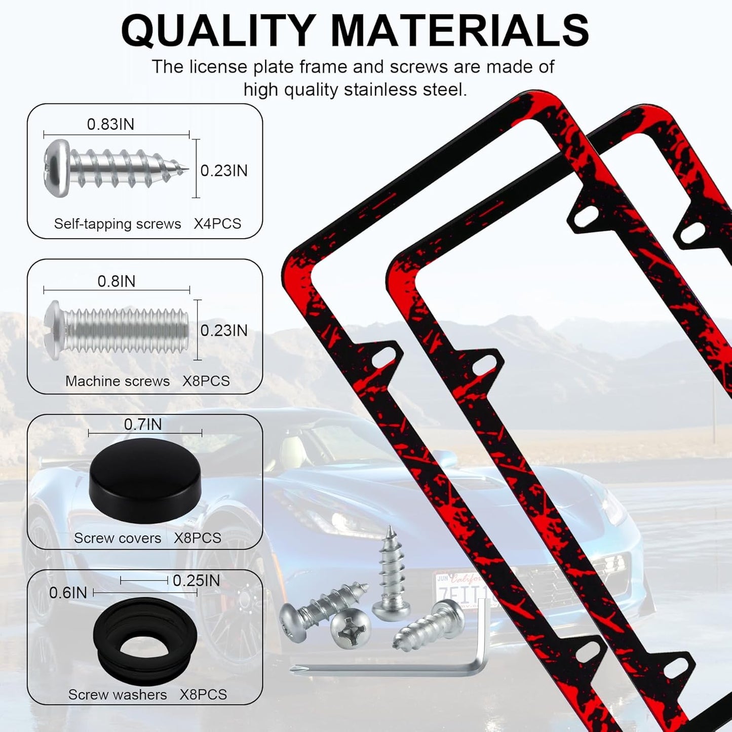 LivTee Black License Plate Frames, 4 Holes Stainless Steel License Plate Covers, 2PCS Car License Plate Holder, Automotive Exterior Accessories, Blood Splatter