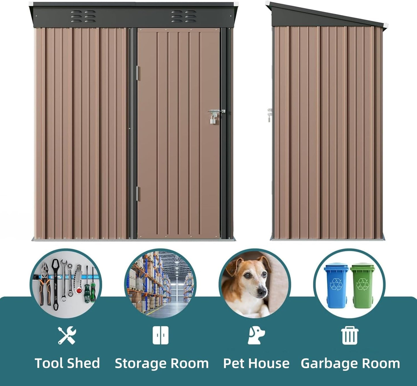 Bealife Outdoor Storage Shed Clearance, Metal Outdoor Storage Cabinet, Waterproof Tool Shed, Lockable Backyard Sheds for Garden, Patio and Lawn (Brown, 5' x 3')