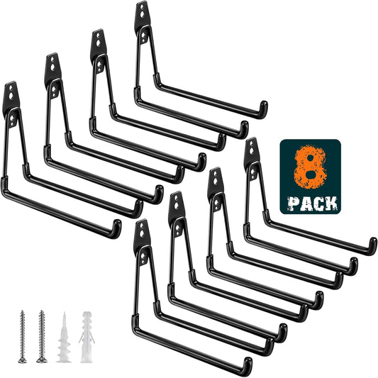 Heavy Duty Garage Hooks 8 Pack, 7.7 inch U Shaped Long Hanger, Wall Mounted Storage System, Power and Garden Tool Organizer, for Hanging Ladders, Bikes, Hose, Bulk Items and More