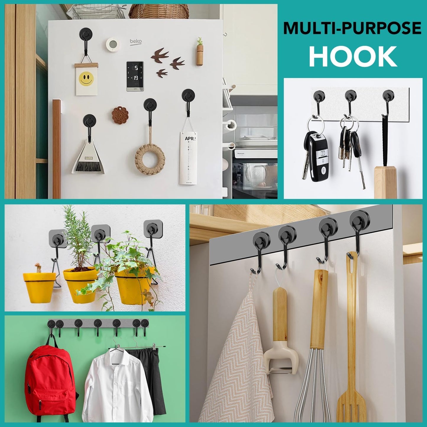 DIYMAG Black Magnetic Hooks, 40LBS Strong Magnetics Heavy Duty, Magnet Hook with Metal Hanger for Hanging Refrigerator Home Kitchen Office, 4Pack