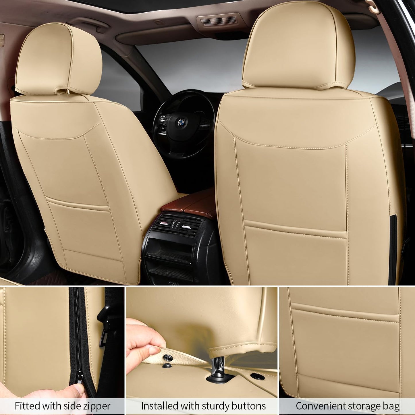 Car Seat Covers Full Set Leather Seat Covers Automotive Seat Covers Universal Car Seat Cover for Most Cars Beige