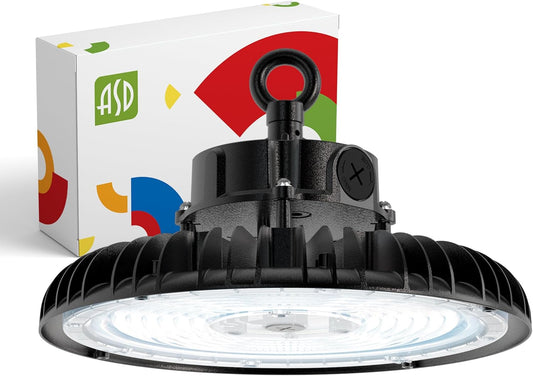 ASD LED High Bay UFO Light Fixture, Commercial Shop Lighting | Dimmable, IP69K Waterproof, DLC Premium, UL Listed | 200W 31000LM 5000K 100-277V | Warehouse, Garage, Workshop, Barn Lamp | Black