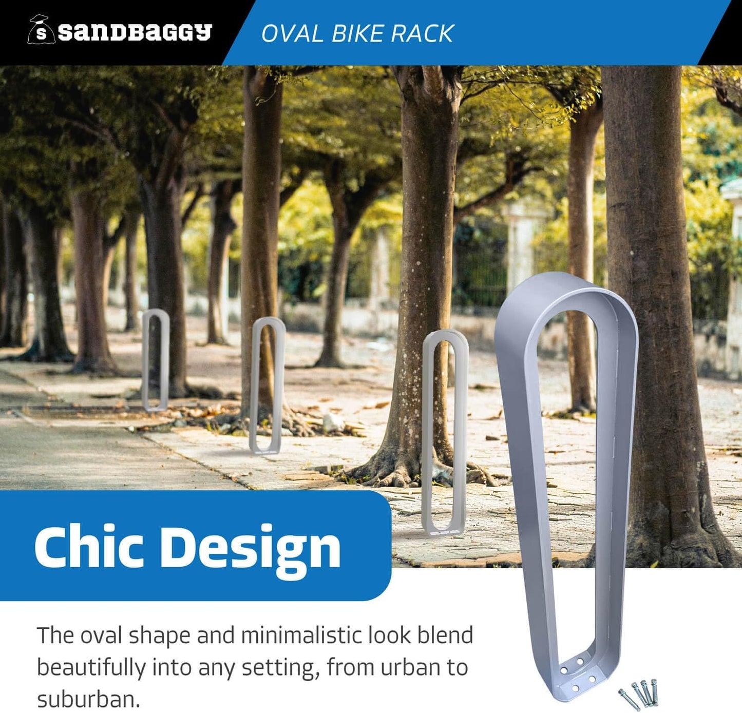 Sandbaggy Modern Commercial Bike Rack | 6.5” x 3” x 35” Oval Design | In-Ground | Anchor Bolts Included (White, 8)