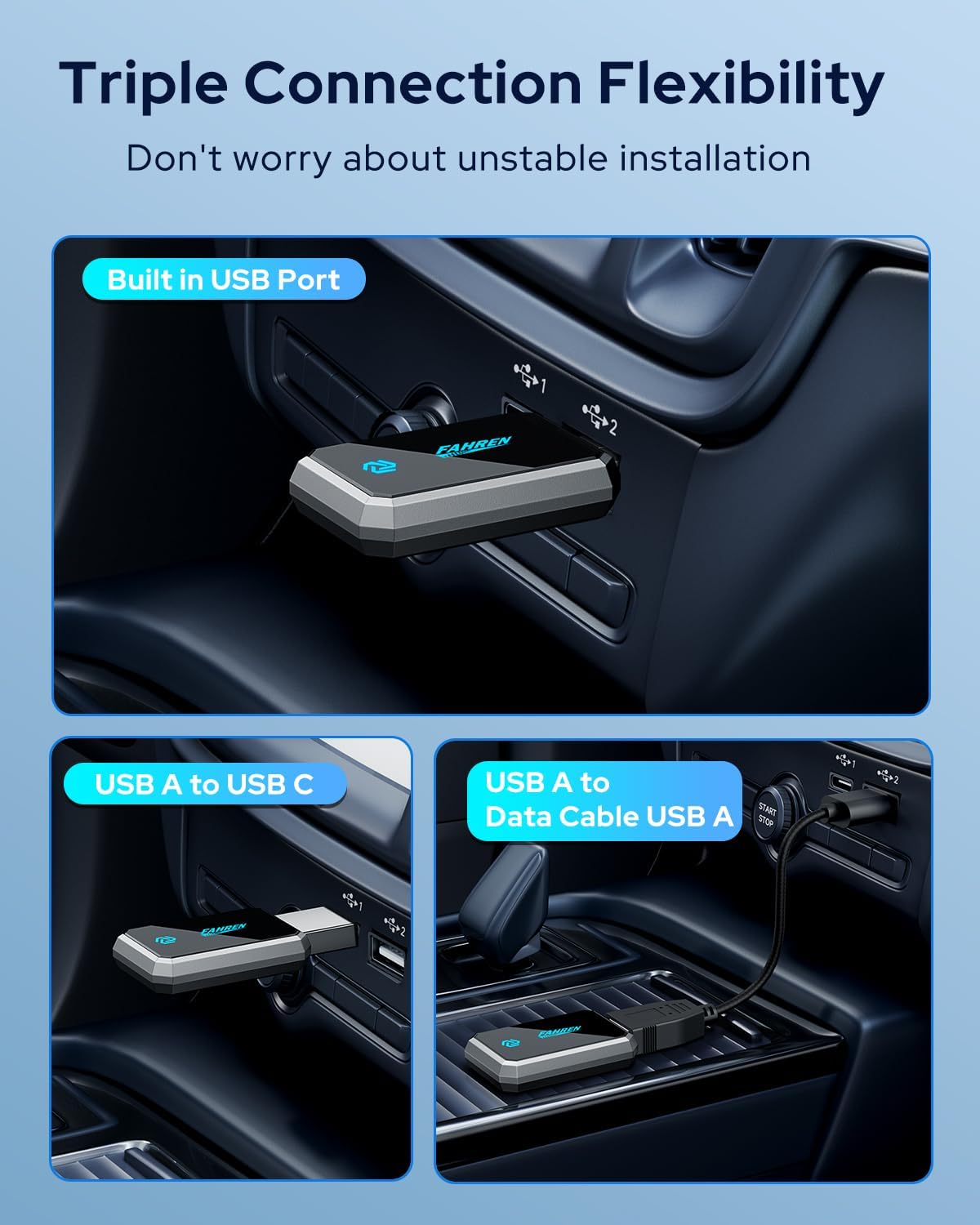FAHREN Mini Wireless CarPlay Adapter,Bluetooth & WiFi Connection,Plug-N-Play,No Lag for Navigation,Compatible with iOS 10+ & Car 2016+,USB-A Extension Cable & Type-C Adapter.