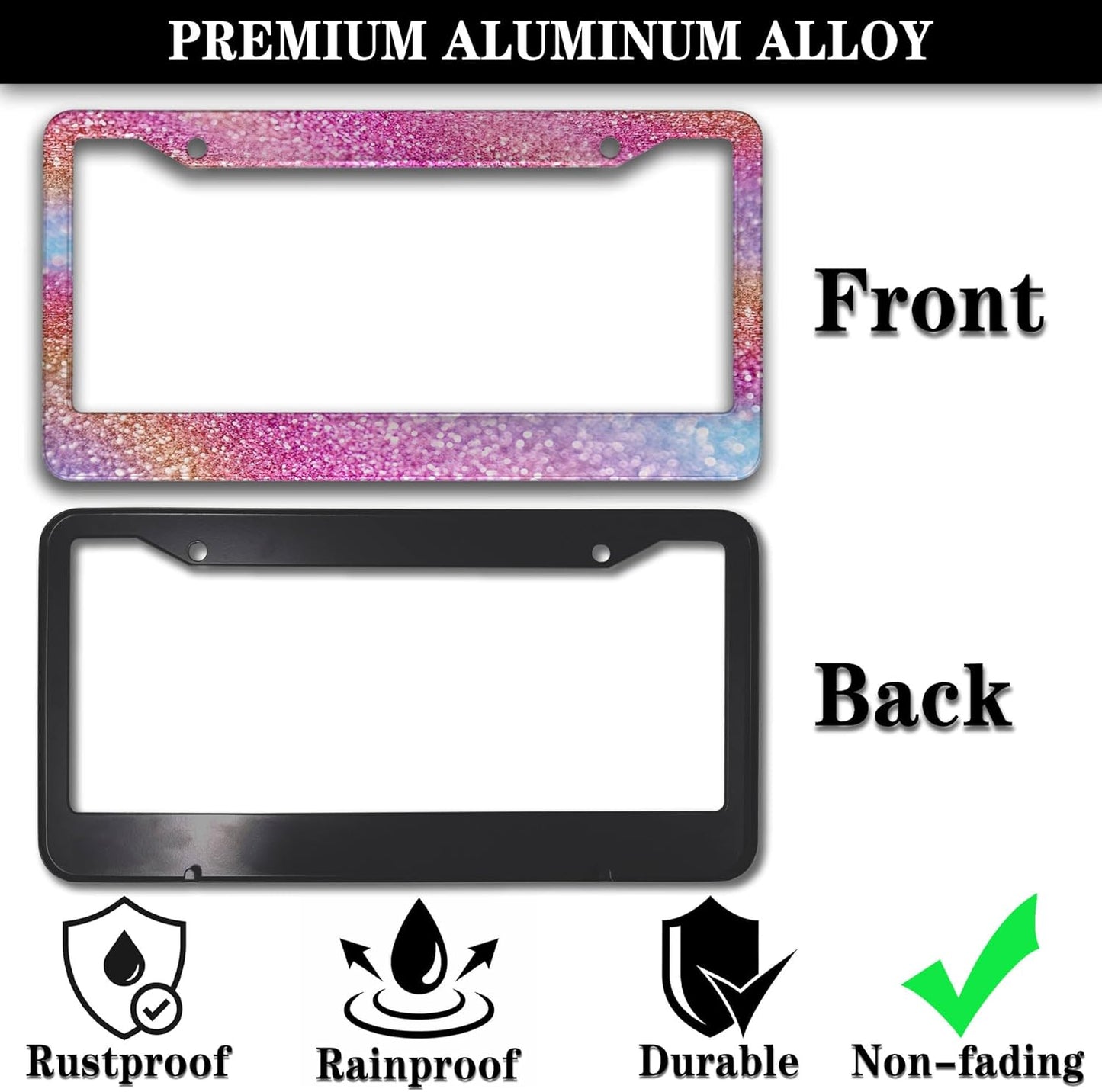 License Plate Frame Multicolor License Plate Holder Shining Rainbow Gradient Sparkle Glitter Women Aluminum Metal Car Accessory 2 Pack with Screw Covers Set