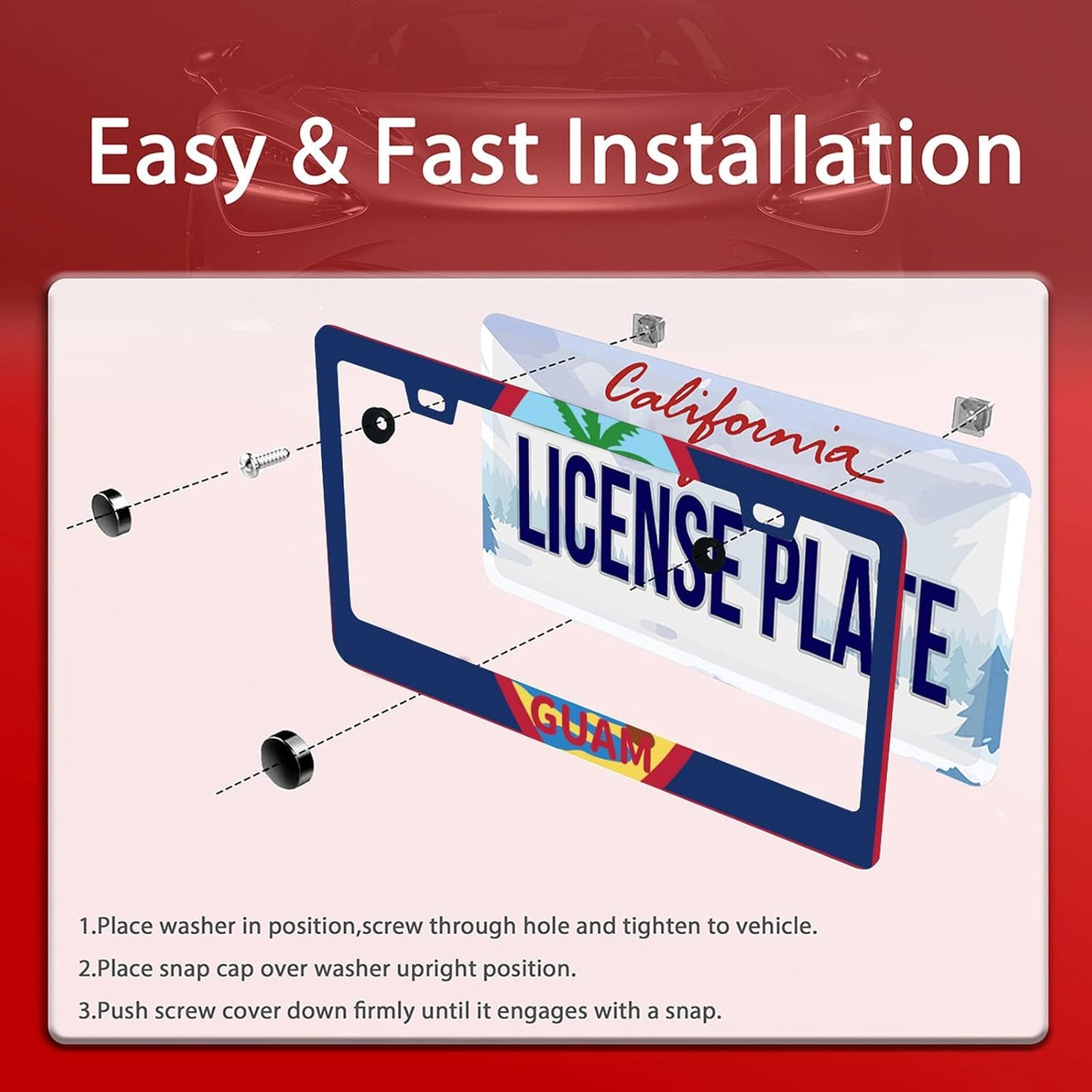 Personalise Guam Flag License Plate Frames Round Hole Guams License Plate Frame Car Universal Accessories Stainless Steel Cars Decorative 2 Holes Screws Fits Standard US Vehicles Size 12.2 x 6 Inch