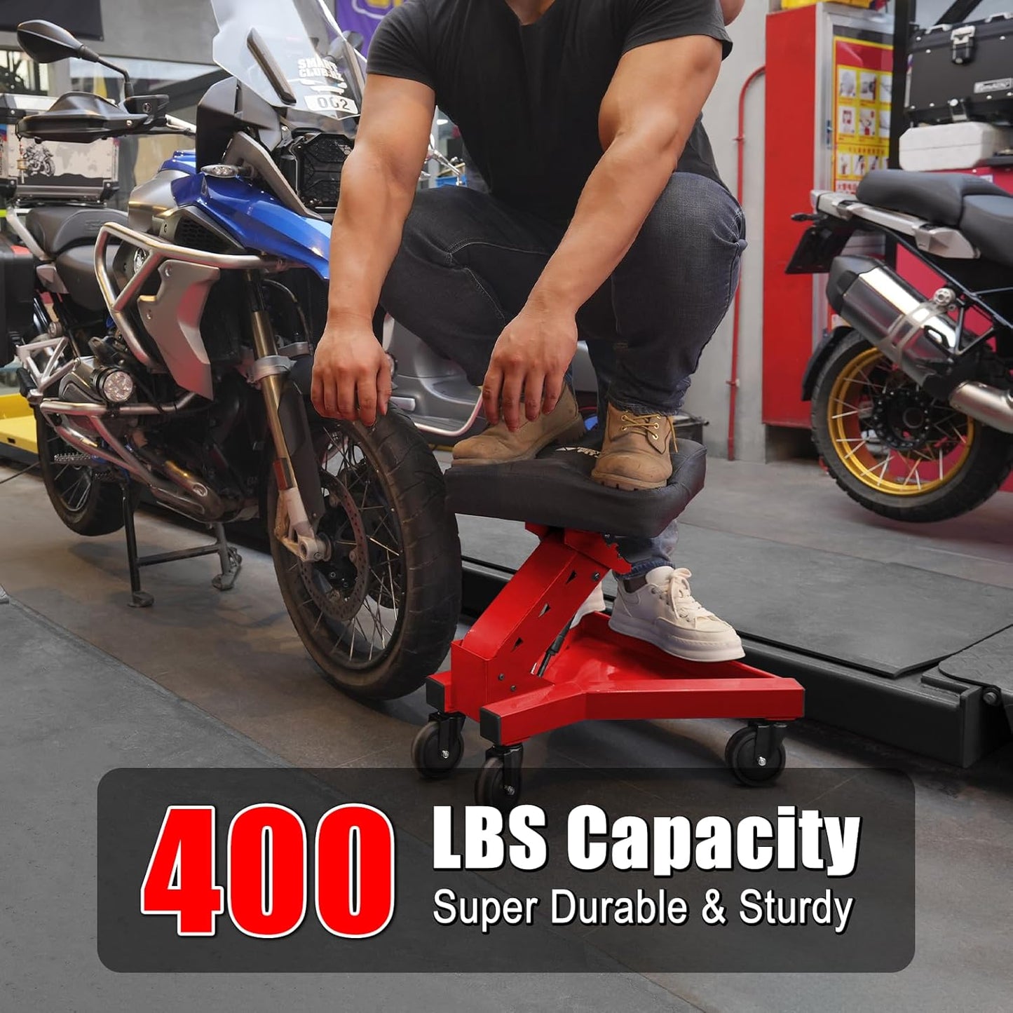 Mechanic Stool with Wheels, Hydraulic Adjustable Shop Stool on Wheels, Garage Work Rolling Chair for Workshop, 400 LBS Capacity, 4 Inch Casters, 360° Swivel Casters Roller Chair, Red