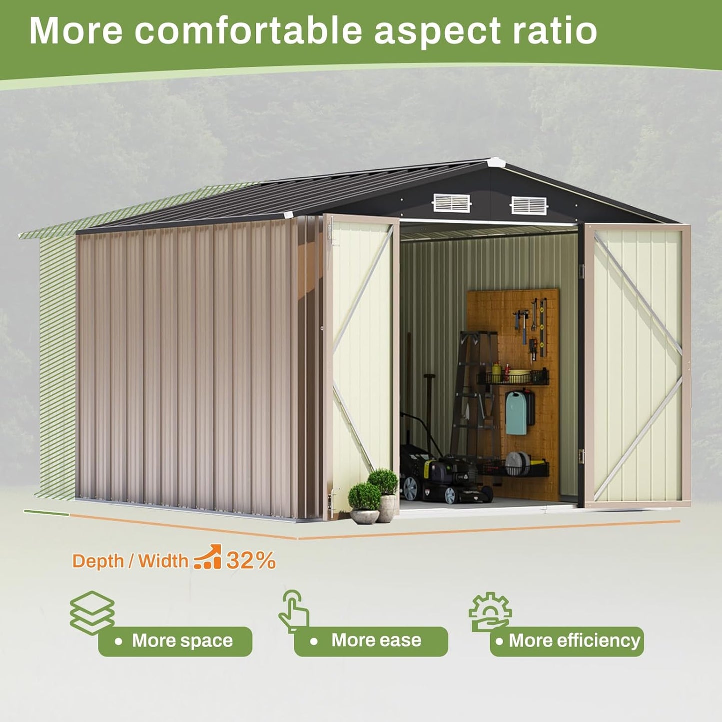 Patiowell 8x10 FT Outdoor Storage Shed with Floor Frame, Large Garden Tool Metal Shed with Sloping Roof and Double Lockable Door, Outdoor Shed for Backyard Garden Patio Lawn,Brown