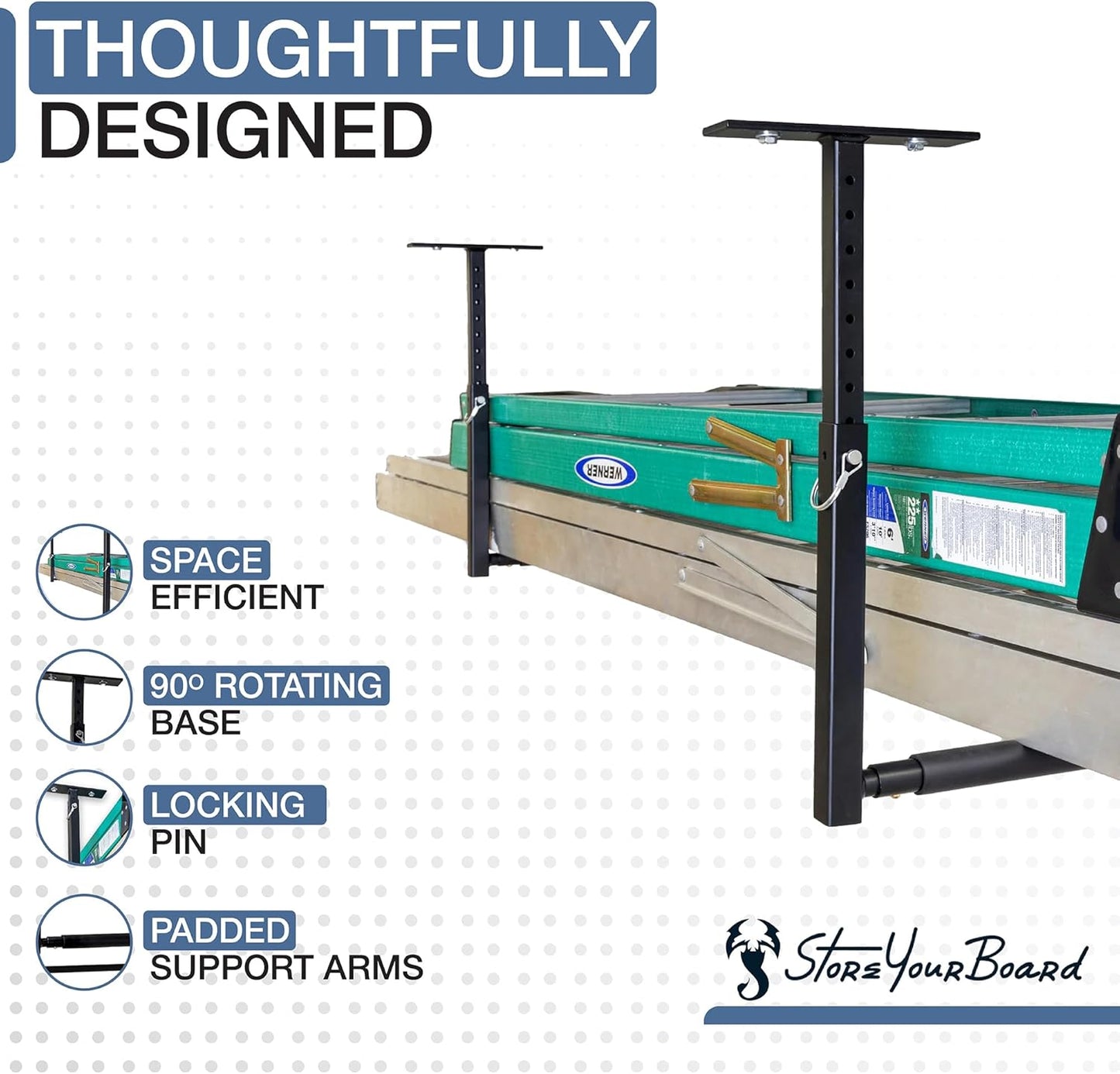 StoreYourBoard Adjustable Ceiling Rack – Hi Port 2 Garage Ceiling Ladder Hanger | Adjustable Overhead Ladder Storage for Step & Extension Ladders | Garage Organization | Holds 75 lbs