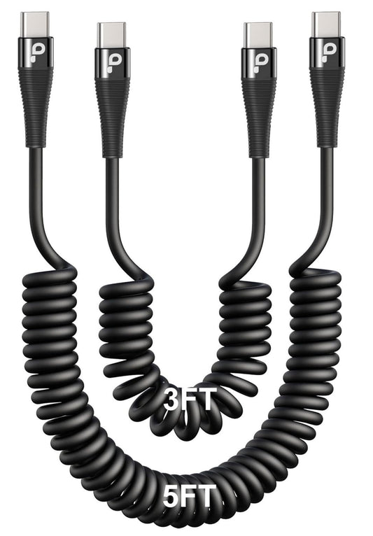 USB C to C Cable for Car 3FT&5FT, 100W Coiled USB C Fast Charging Cable for iPhone 16 Short USB Type C Cable for iPhone 15/Pro/Plus/Pro Max/Samsung Galaxy S23, Compatible All Type C Devices-Black