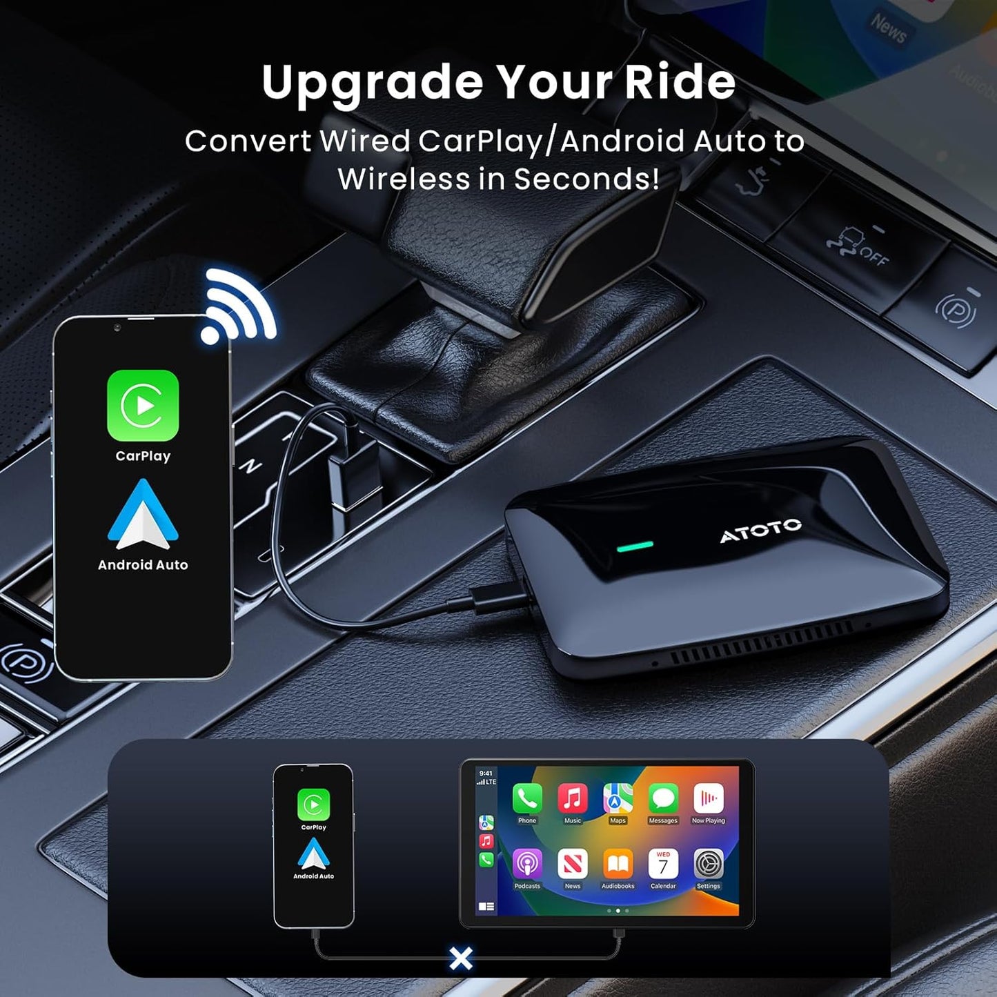 Ai Box Carplay/Android Auto Wireless Adapter, 4-in-1 Ai Box, Dual Bluetooth/WiFi, 2GB+16GB Upto 128GB, Plug & Play, for OEM Wired CarPlay AndroidAuto Stereo (CB4A-A2)