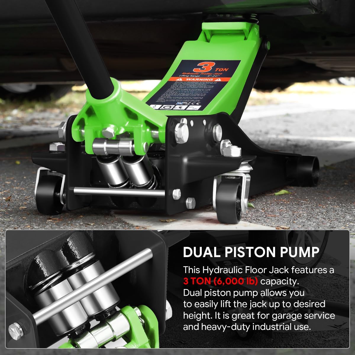 DNA MOTORING Low Profile Hydraulic Trolley Service/Floor Jack, 3 Ton (6000 lbs) Capacity Heavy Duty Hydraulic Car Jack, Lifting Range 3"-20", Green, TOOLS-00475-GR