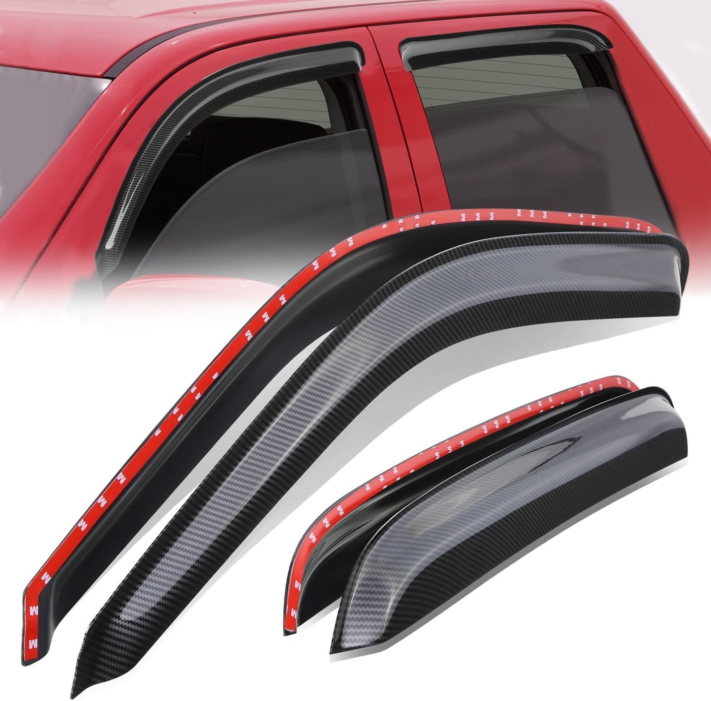 Auto Dynasty Set of 4 Carbon Fiber Pattern Window Visors Compatible with 00 01 02 03 04 05 06 Cadillac Escalade EXT ESV GMC Yukon, Tape-On Rain Guards Shield Vent Shade Deflector Glossy Black