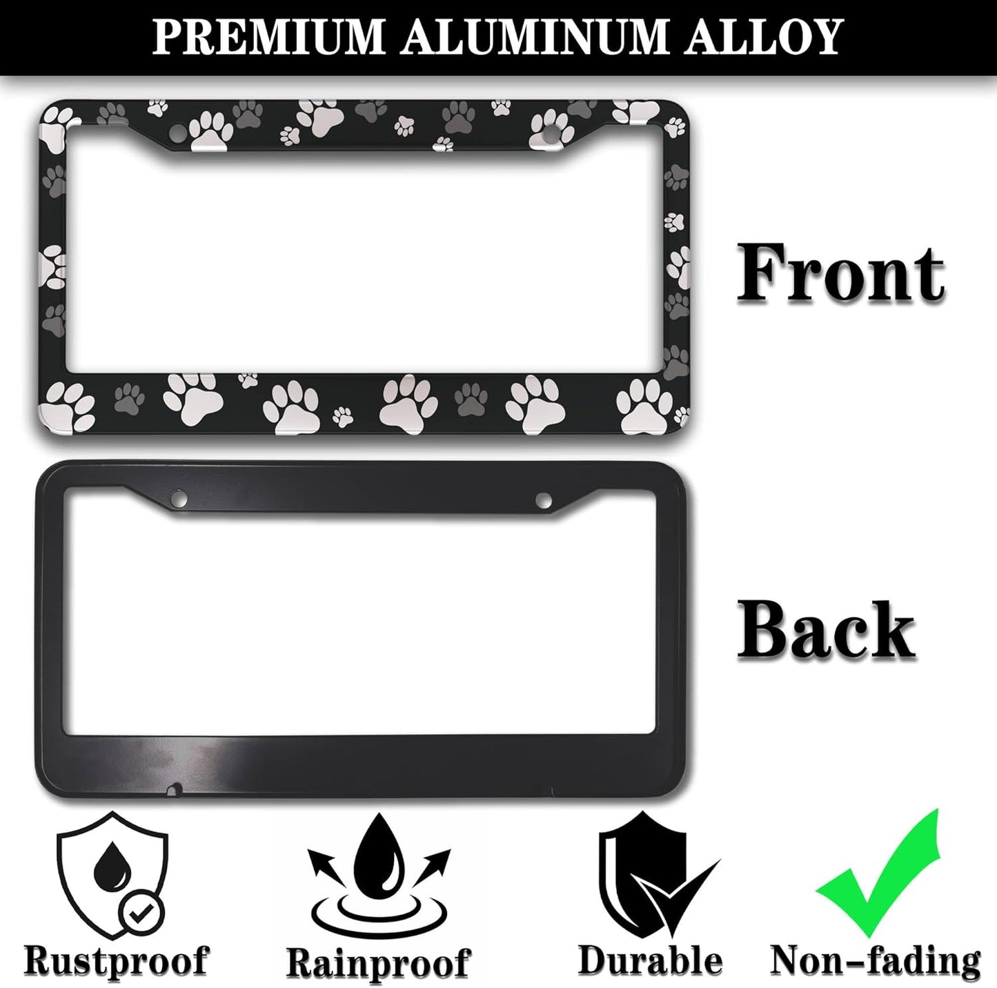 License Plate Covers Black and White License Plate Frames Paw Print Dog Cat Universal Aluminum Car Accessory 2 Pack with Screw Covers Set