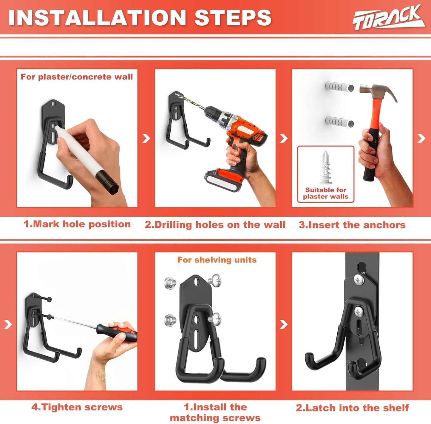 TORACK 15PCS Garage Storage System Hooks, Shelving Hooks for Keyhole Shelving Units Wall Mount Utility Hooks for Tools, Ladders, Cords, Folding Chairs, Shovels and Rakes(Black)