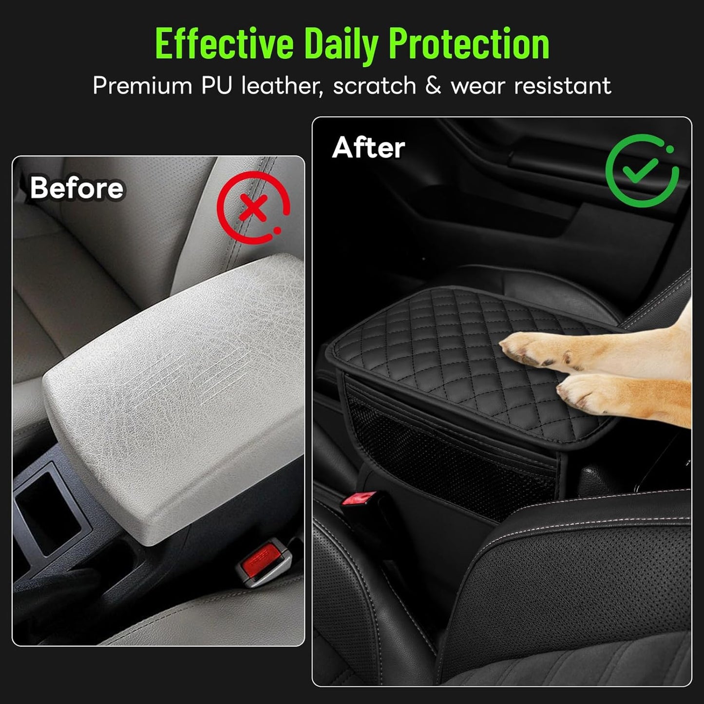 Car Center Console Cover with 6 Storage Pockets, Leather Car Arm Rest Cover Thickened Cushion, Universal Vehicle Armrest Pad Interior Protector, Black