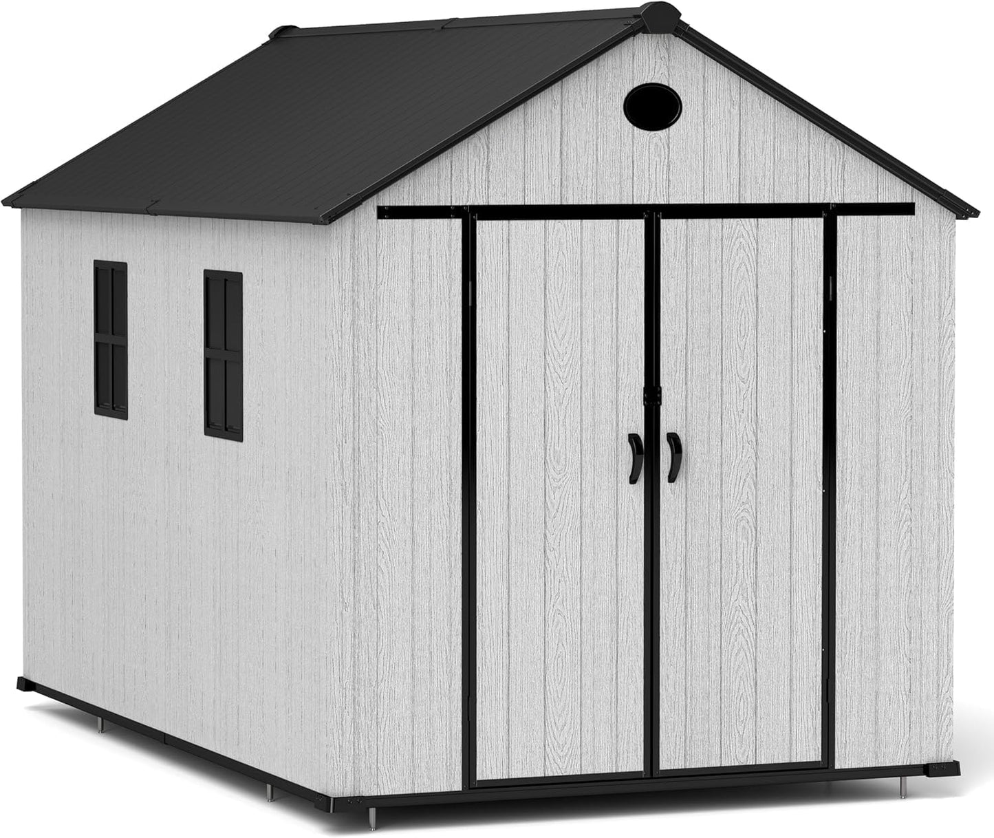 7.3 x 12 FT Shed Resin Outdoor Storage with Floor, 566 cuft Plastic Shed with Window and Lockable Door for Garden, Backyard, with Wood Texture, Grey