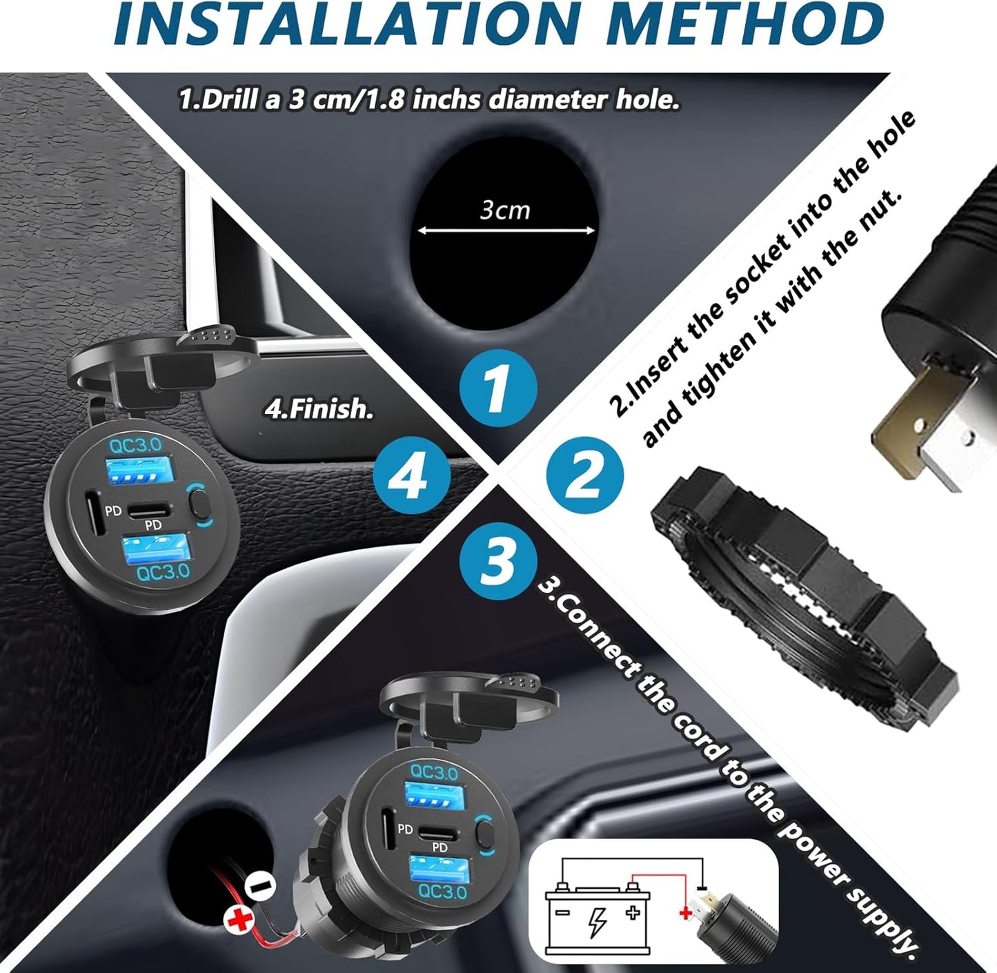 2PCS,Dual PD USB C Ports & Dual USB Quick Charge 3.0 Ports 12V USB Outlet with Switch, VANONE Waterproof and Dustproof Car Charger Socket, Accessories for Car Boat Marine Motorcycle RV ATV Golf Cart