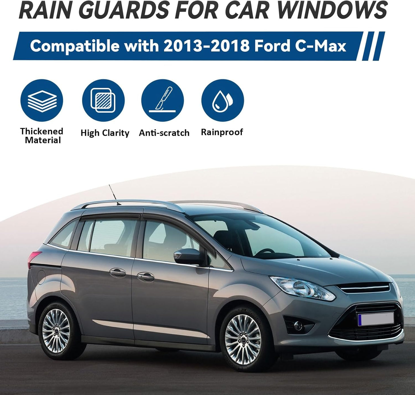 4pcs Front+Rear Smoke Tint Sun/Rain Guard Outside Mount Tape-On Vent Window Visors Compatible with 13-18 C-Max