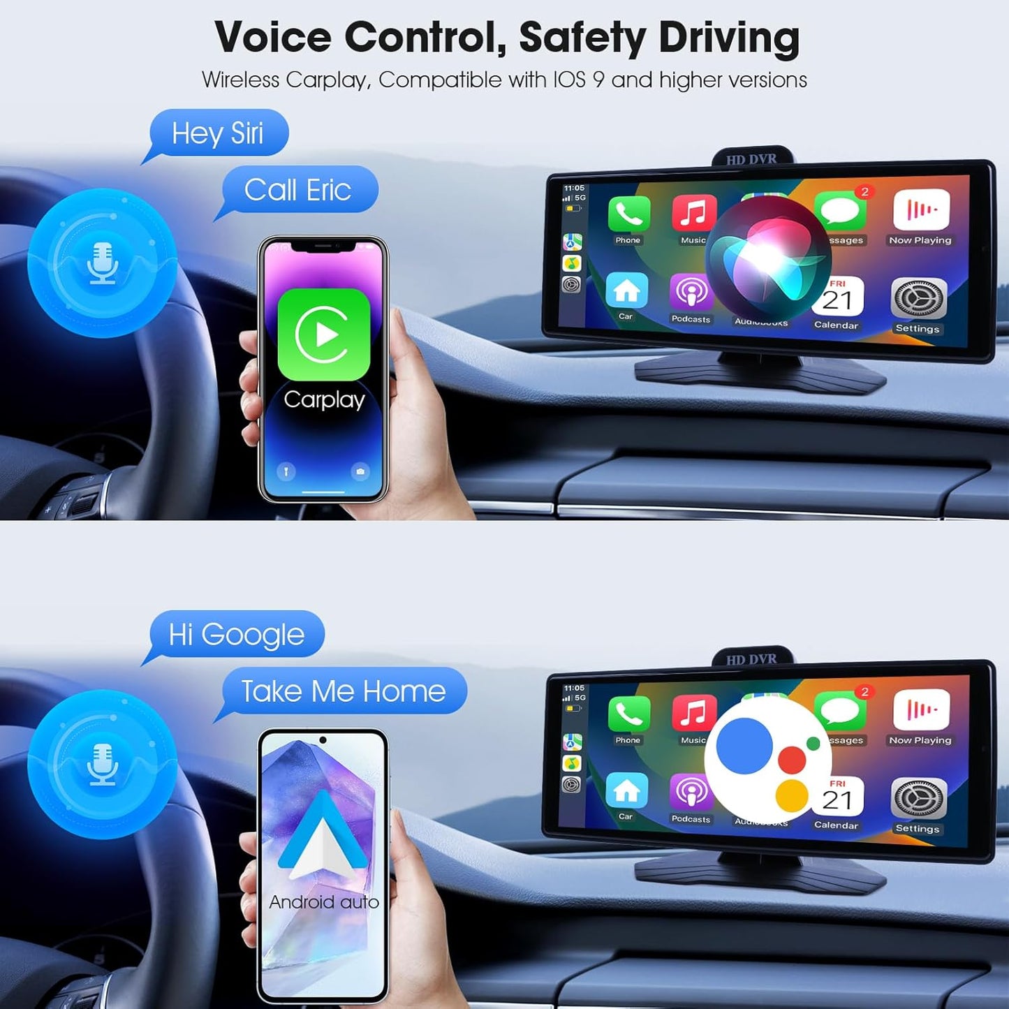 9.26" Wireless CarPlay & Android Auto Screen for Car, 10 Inch Portable Car Stereo with 1080P Dash Cam Front and Rear, Backup Camera, Bluetooth, GPS Navigation, FM Transmitter, Plug and Play