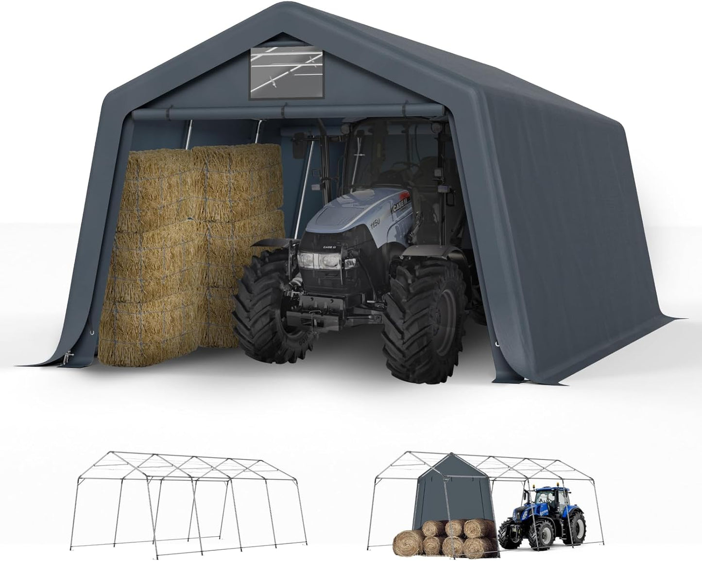 GREEN PARTY Storage Shelter Shed, 13x22 ft Portable Shed Outdoor Carport with Roll-up Zipper Door & Vents, Outdoor Storage Shed Portable Garage for Motorcycle, Bike, Waterproof & UV Protected, Gray