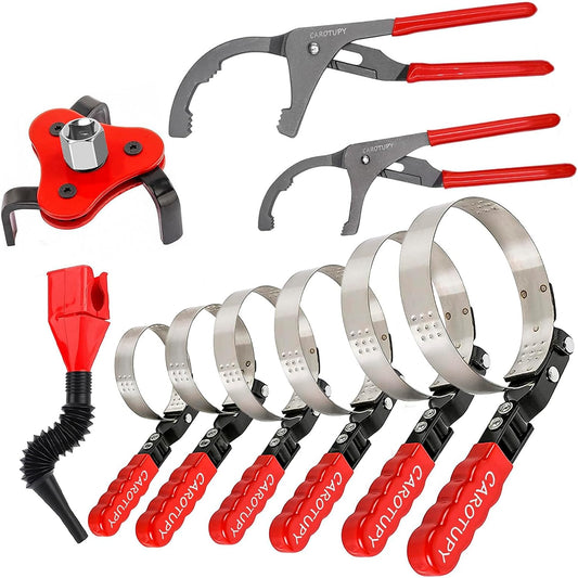 10PCS Oil Filter Wrench Set, 9" & 12" Oil Filter Pliers, 3 Jaw Oil Filter Wrench Tool with Oil Funnel for Oil Change Adjustable From 1-3/4" to 6"