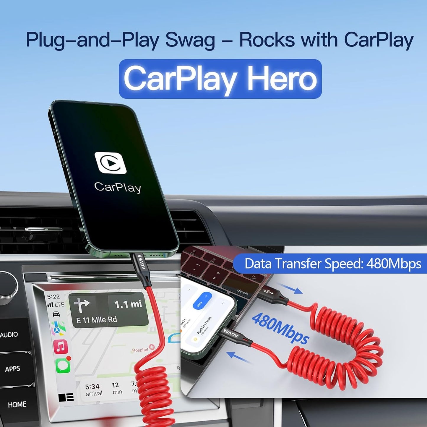 AGVEE 3ft Coiled Short USB to USB-C Charging Cable [USB-IF Certified] 3A Fast Charger Cord in Car for iPhone 16/15 CarPlay, Galaxy S25 S24 S23 S22 S21 S10 S9 S8, Google Pixel, Red