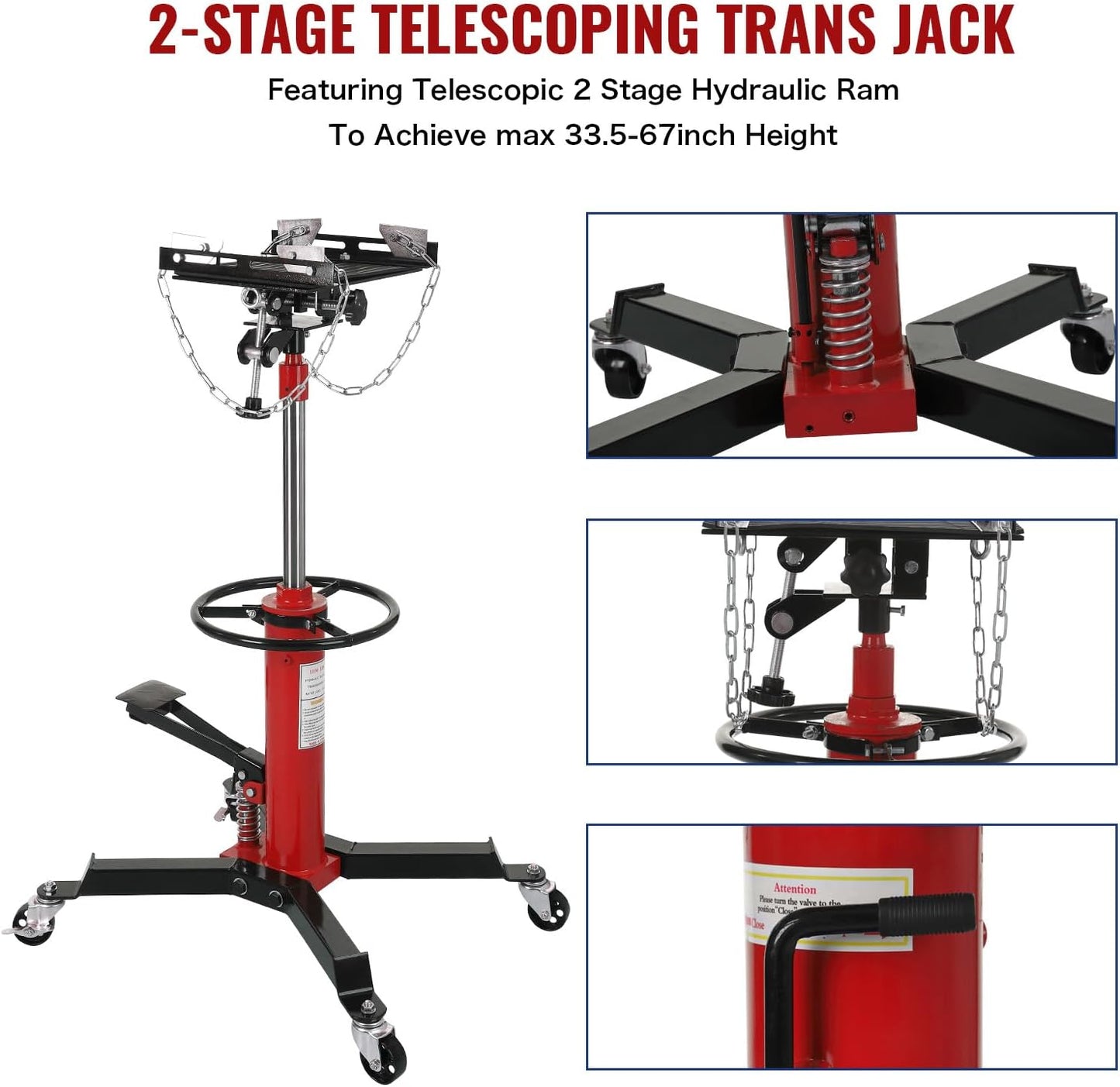 Hydraulic Transmission Jack 1100 Lbs (1/2 Ton) Capacity 33.8"-72.8" Lifting Height 2 Stage Hydraulic Telescoping Jack, Trans Jack Stand Heavy Duty with Foot Pedal and 360° Swivel Wheel, Red