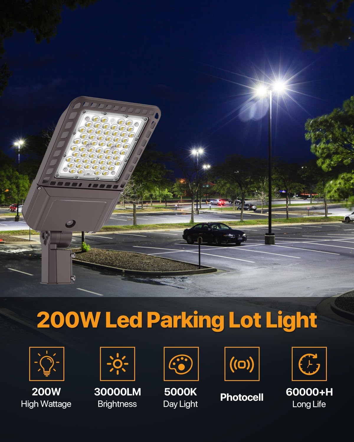 Parking Lot Light 200W 30,000LM Slip Fitter Led Street Pole Light with Dusk-to-Dawn Photocell 5000K 100-277V IP65 Waterproof Outdoor Commercial Area Lighting for Parking Lot, Roadways