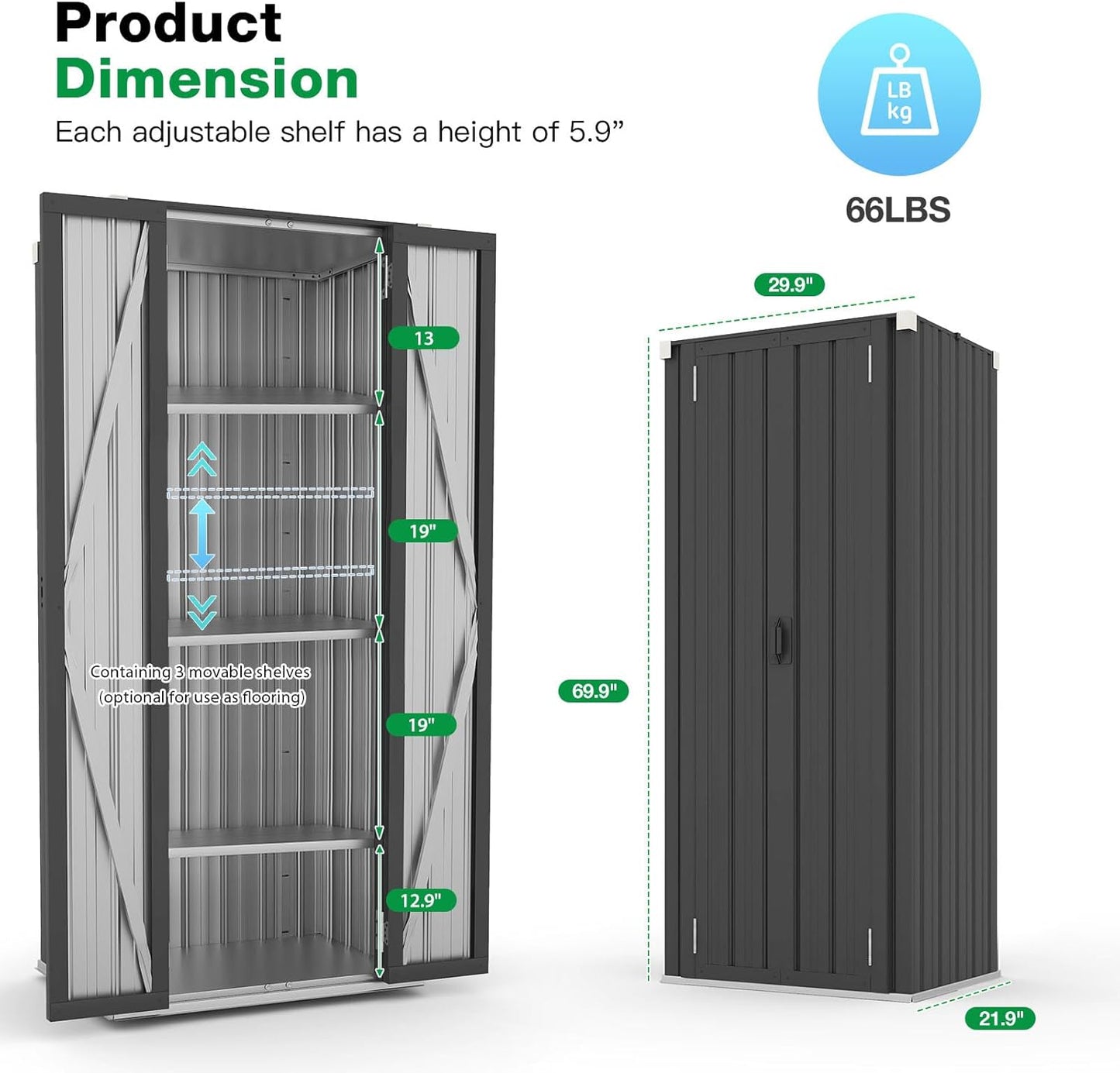 AECOJOY Outdoor Storage Cabinet, Outdoor Cabinets Waterproof with Shelves, Vertical Tall Garden Outdoor Cabinet, Sheds & Outdoor Storage Clearance Cabinet Weatherproof for Outside in Dark Grey