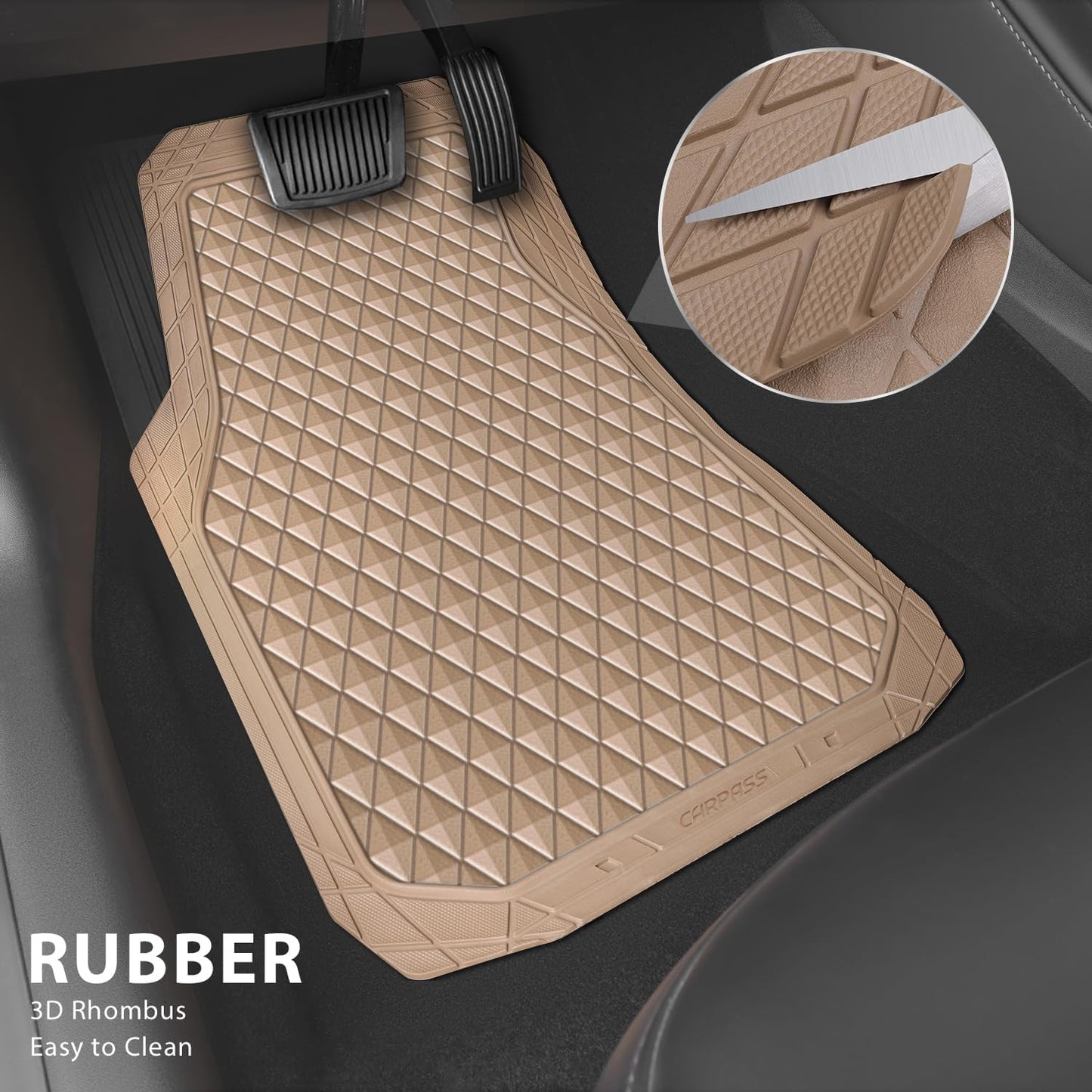 CAR PASS Beige Rubber Car Mats, All-Weather Floor Mats Full Set Durable Anti-Slip 3D Rhombus Waterproof Automotive Pad Trim to Fit Liner Universal Fit for Sedan SUV Truck Van, 4 Pcs All Beige Rubber
