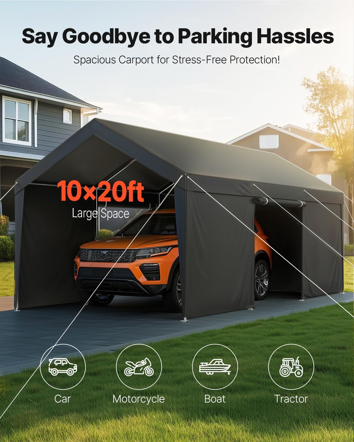 VEVOR Upgraded 10x20 FT Heavy Duty Carport Canopy with Roll-up Windows, All-Season Portable Garage with Removable Sidewalls & Doors, 12 Stakes & 12 Ropes, Car Tent for Car, Truck, Boat, Equipment