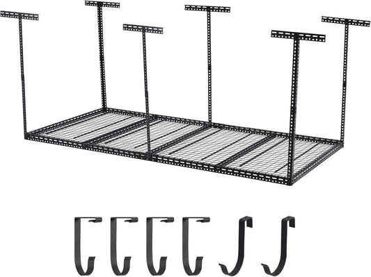 Overhead Garage Storage Rack 4x8 FT, Steel Ceiling Shelves 660lb Capacity, Height Adjustable 22-40 Inches, Space-Saving for Attic Basement Shed (Black, 6 Posts)