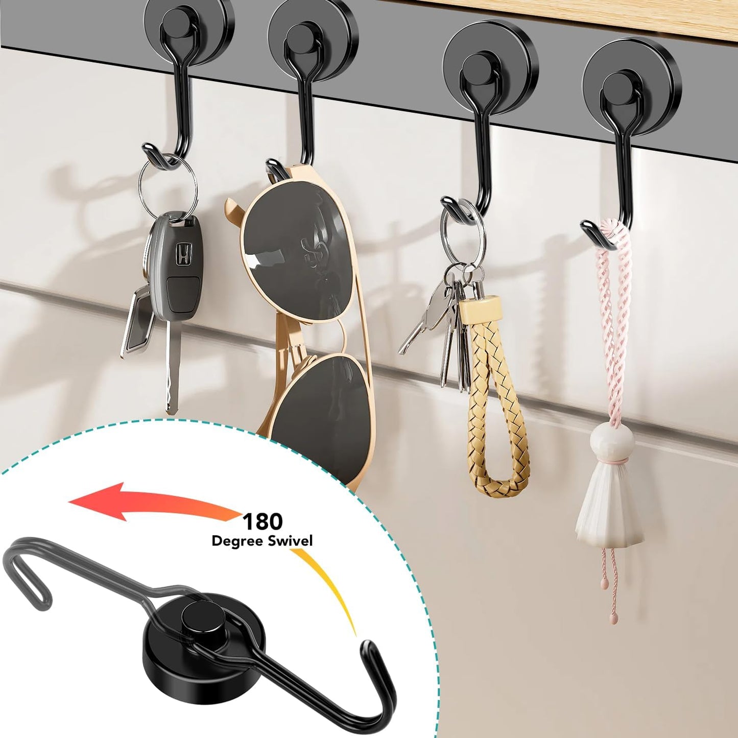 DIYMAG Black Magnetic Hooks, 80LBS Strong Magnetics Heavy Duty, Magnet Hook with Metal Hanger for Hanging Refrigerator Home Kitchen Office, 4Pack